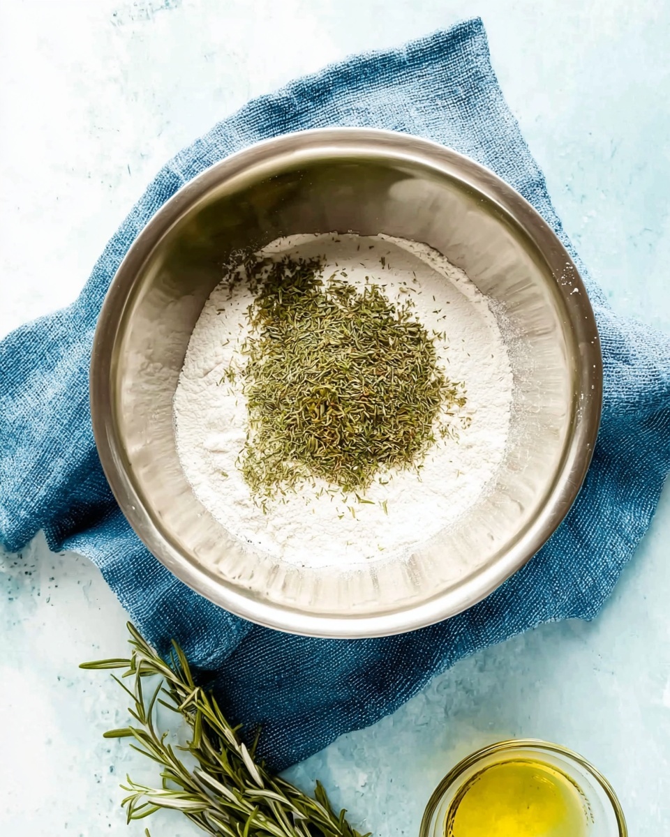 A silver mixing bowl sits in the center on a blue cloth over a white marbled surface. Inside the bowl, there is a layer of white flour with a pile of green dried herbs placed on top of it near the center. At the bottom right corner, part of a small clear glass container with light yellow oil and a sprig of fresh green rosemary is visible. The image is lit softly from above, with clear, simple colors. Photo taken with an iphone --ar 4:5 --v 7