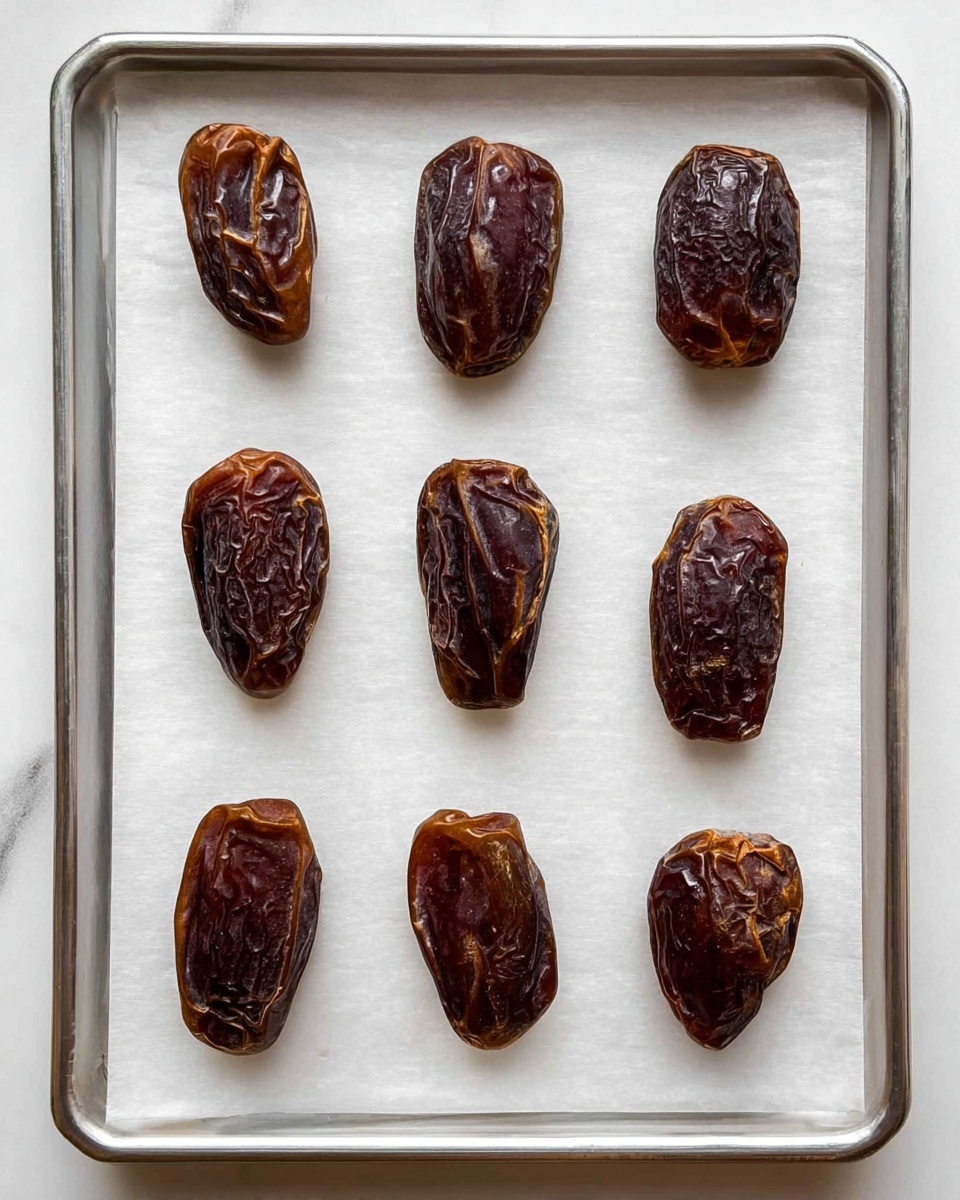 The image shows nine large dried dates laid out in three rows of three on a white parchment paper that sits on a baking tray with a silver edge. Each date is dark brown with a wrinkled, shiny texture, and some have small tears along their sides. The background beneath the tray is a white marbled surface, giving a clean and bright look to the arrangement. photo taken with an iphone --ar 4:5 --v 7