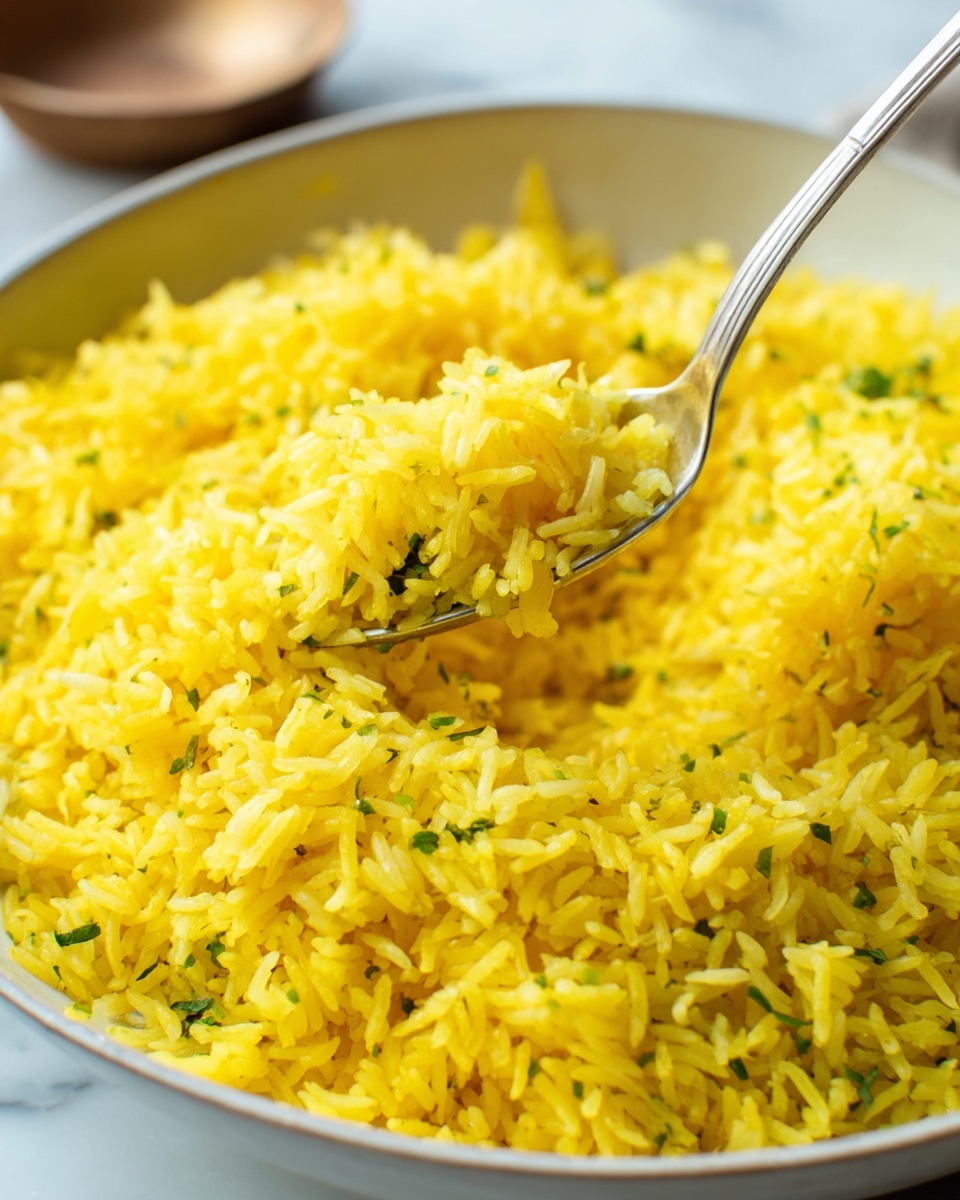 A close-up view of a large white bowl filled with bright yellow rice. The rice grains are fluffy and separate, with some small green spices mixed evenly throughout, adding texture and color contrast. A silver spoon is lifting a portion of the rice from the bowl, showing the soft, light texture of the dish. The bowl is placed on a white marbled surface in soft natural light. photo taken with an iphone --ar 4:5 --v 7