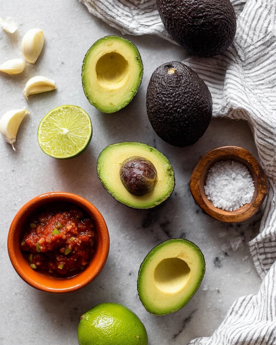 The image shows a food preparation scene with several whole and halved dark green avocados placed on a white marbled surface. Two avocado halves, one with a large brown seed and one hollowed out, display a smooth light green inner texture. There are two squeezed lime halves, one placed upside down and one on its side showing the bright pale green flesh. A small round wooden bowl with coarse white salt sits near the squeezed limes, while an orange ceramic bowl filled with chunky red salsa adds color contrast. Four garlic cloves, some peeled and some with skin on, rest scattered near the top and bottom of the scene. A white and gray striped cloth is folded along the upper right edge, softly framing the natural ingredients. photo taken with an iphone --ar 4:5 --v 7
