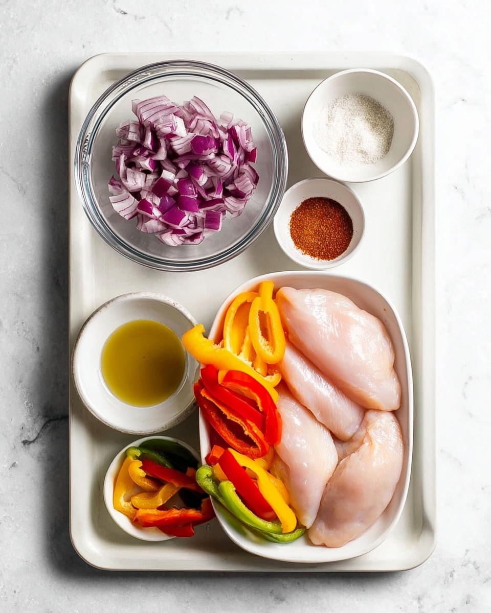 The image shows a baking tray with five white dishes set on it over a white marbled surface. The largest dish is white and filled with sliced red, yellow, and green bell peppers, showing bright and fresh colors with a smooth texture, positioned at the front right. Next to it, in the front left, is a small white bowl holding a golden yellow liquid, probably oil. Above it, there is a clear glass bowl filled with thick, roughly chopped purple onion pieces. To the top right of the tray, two small white bowls hold different powders; one is white and fine, the other is a mix of coarse red spices. The largest white dish is in the center and contains four raw pale pink pieces of chicken with smooth textures and slight curves. Photo taken with an iphone --ar 4:5 --v 7