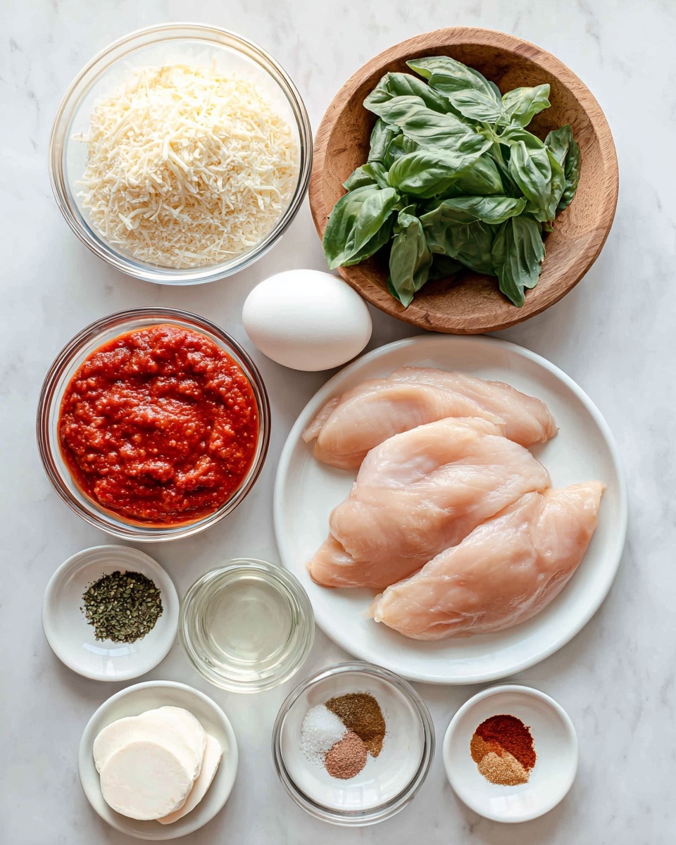 A collection of ingredients arranged on a white marbled surface, featuring a white plate with four raw pale pink chicken fillets on the right side. Above the plate is a wooden bowl filled with fresh green basil leaves. To the left of the basil is a glass bowl full of light beige grated cheese. Below the cheese bowl is a white bowl holding thick red tomato sauce with visible texture. Just left of the tomato sauce is a small glass bowl containing clear liquid. Above the chicken plate is a wooden plate with a single white egg. Below the egg is a white bowl with slices of smooth, white mozzarella cheese. At the bottom left of the image is a small white plate with various spices in separate sections, including green herbs, red pepper flakes, white salt, and brown powders. Photo taken with an iphone --ar 4:5 --v 7
