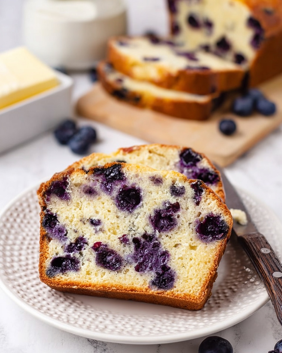 The image shows two slices of blueberry bread on a white plate with a textured edge. Each slice has a light golden crust and is filled with many dark purple blueberries spread evenly throughout the soft, pale yellow inside. The background is a white marbled surface, with a butter dish and a knife with some butter near the plate. More slices of the same bread are on a wooden cutting board in the background, and scattered blueberries add small pops of color. The overall look is simple and fresh. photo taken with an iphone --ar 4:5 --v 7