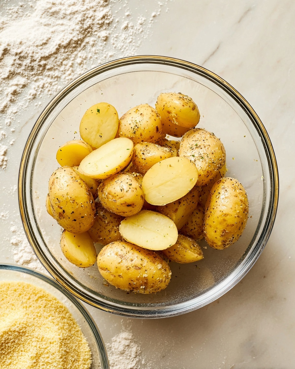 A clear glass bowl holds a mix of about twelve small yellow potatoes, most of them halved, showing smooth, pale yellow insides and slightly rough yellow skin. The potatoes are coated with a seasoning mix that looks dry with visible black pepper and herb specks. The bowl sits on a white marbled surface dusted lightly with flour, next to a glass dish filled with finely grated pale yellow cheese or a similar powder. The scene feels clean and bright with soft natural light. photo taken with an iphone --ar 4:5 --v 7