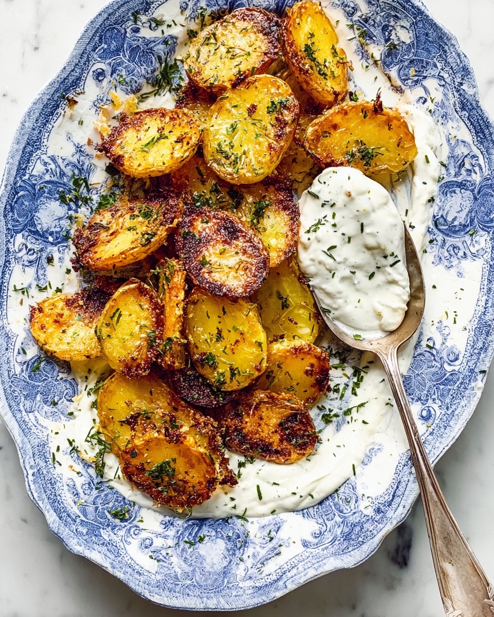 A white oval plate with blue designs is filled with golden roasted potato slices that have crispy dark brown edges and soft yellow centers. The potatoes are spread on a smooth white cream base, sprinkled with finely chopped green herbs. A silver spoon rests on the right side of the plate with a dollop of the white cream. The plate sits on a white marbled surface. photo taken with an iphone --ar 4:5 --v 7