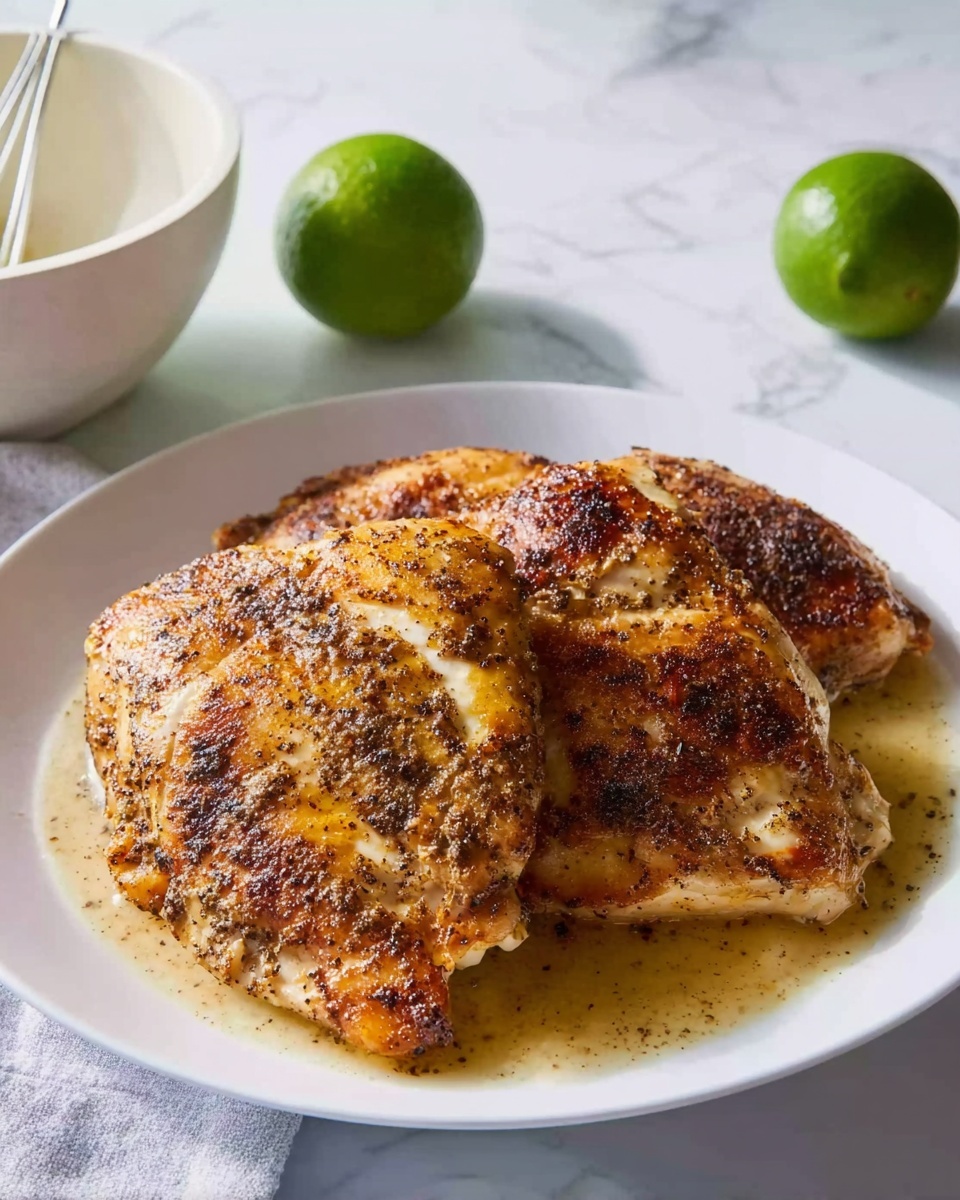 The image shows a white plate with three large, cooked chicken pieces layered side by side, each with a golden-brown, slightly crispy texture and seasoned dark specks across the surface. The juices from the chicken create a light pool of sauce on the plate beneath them. In the background, a white marbled surface holds a white mixing bowl with a whisk inside and a whole green lime placed near the bowl, all softly lit with natural light. The scene has a clean, fresh look with slight shadows adding depth photo taken with an iphone --ar 4:5 --v 7