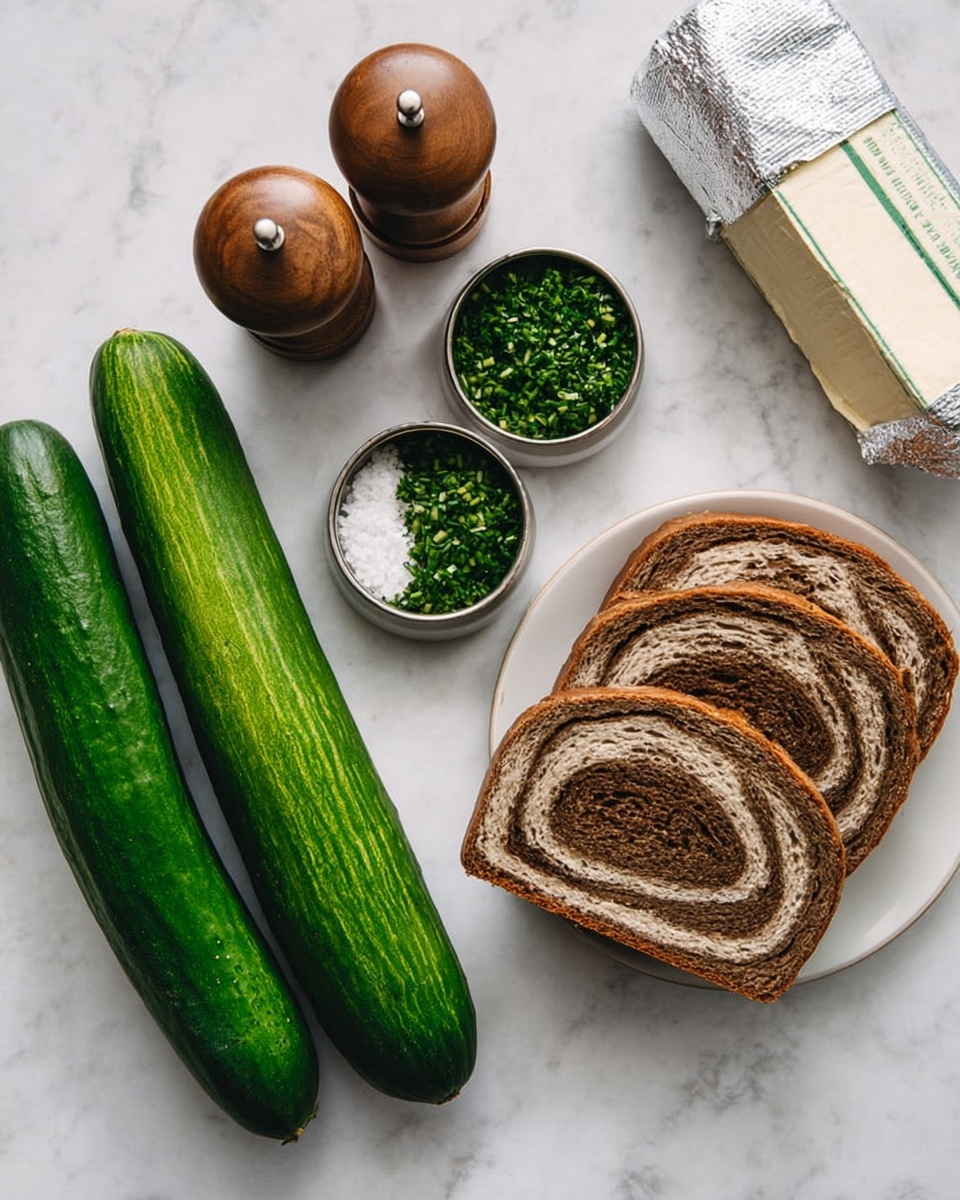 The image shows three long, green cucumbers with smooth skin lying diagonally on a white marbled surface. Near the cucumbers are three small round metal containers filled with finely chopped green herbs and white granular substance. Above these containers are two wooden-top salt and pepper grinders. To the right sits a white plate holding two thick slices of swirled brown and light tan bread, showing clear layers of the swirl pattern. Near the top right corner is a wrapped silver block of cream cheese. The photo has soft lighting and is taken from above, photo taken with an iphone --ar 4:5 --v 7