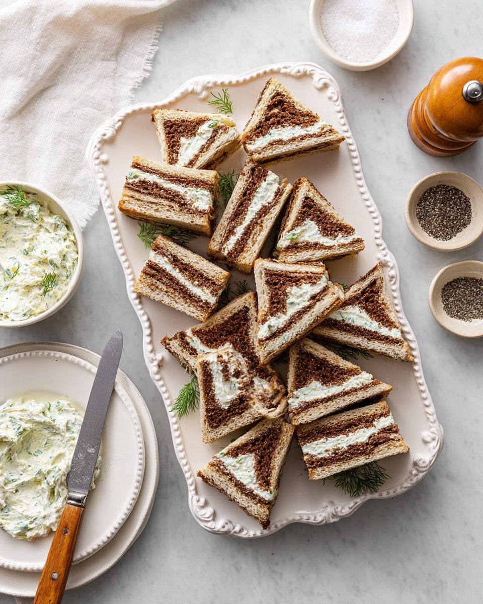A white scalloped rectangular plate is filled with many triangular sandwiches made of dark and light swirled bread, showing a creamy white filling in the middle layer. The sandwiches are stacked in a slightly messy pile, with some small green dill herb sprigs placed around them as decoration. To the left of the plate, there is a small white bowl filled with a creamy spread topped with bits of dill, and below it, a white plate holds a butter knife with a wooden handle. The surface beneath is a white marbled texture, and part of a white cloth napkin is visible at the top left. On the top right, a wooden pepper grinder and a small bowl of coarse salt with black pepper are placed. Photo taken with an iphone --ar 4:5 --v 7