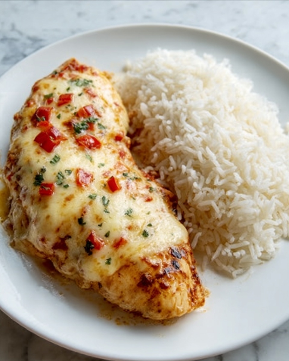 The image shows a white plate with two main parts. One side of the plate has a pile of white rice with fluffy, soft grains. Next to the rice is a piece of cooked chicken covered with melted cheese that looks creamy with small bits of red and green peppers on top. The chicken is a golden brown color with some darker spots from cooking, and the cheese layer is thick and slightly browned in parts. The plate rests on a white marbled surface. photo taken with an iphone --ar 4:5 --v 7