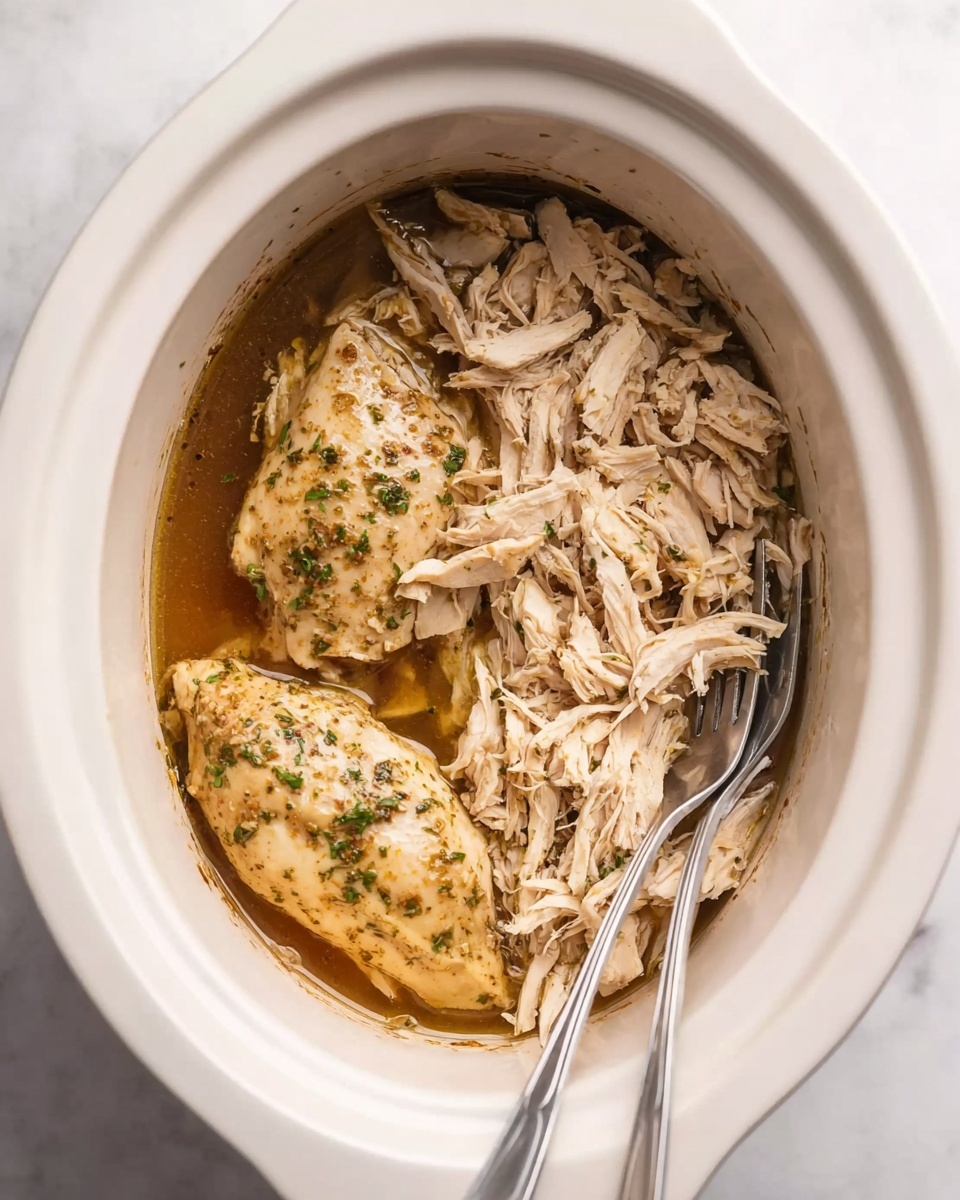 A white slow cooker holds two whole cooked chicken pieces in a seasoned broth at the top right area, with shredded cooked chicken piled in the bottom left area. Two silver forks rest side by side on the right edge inside the cooker. The broth around the chicken is brown with green herb specks, and the slow cooker is on a white marbled surface. photo taken with an iphone --ar 4:5 --v 7