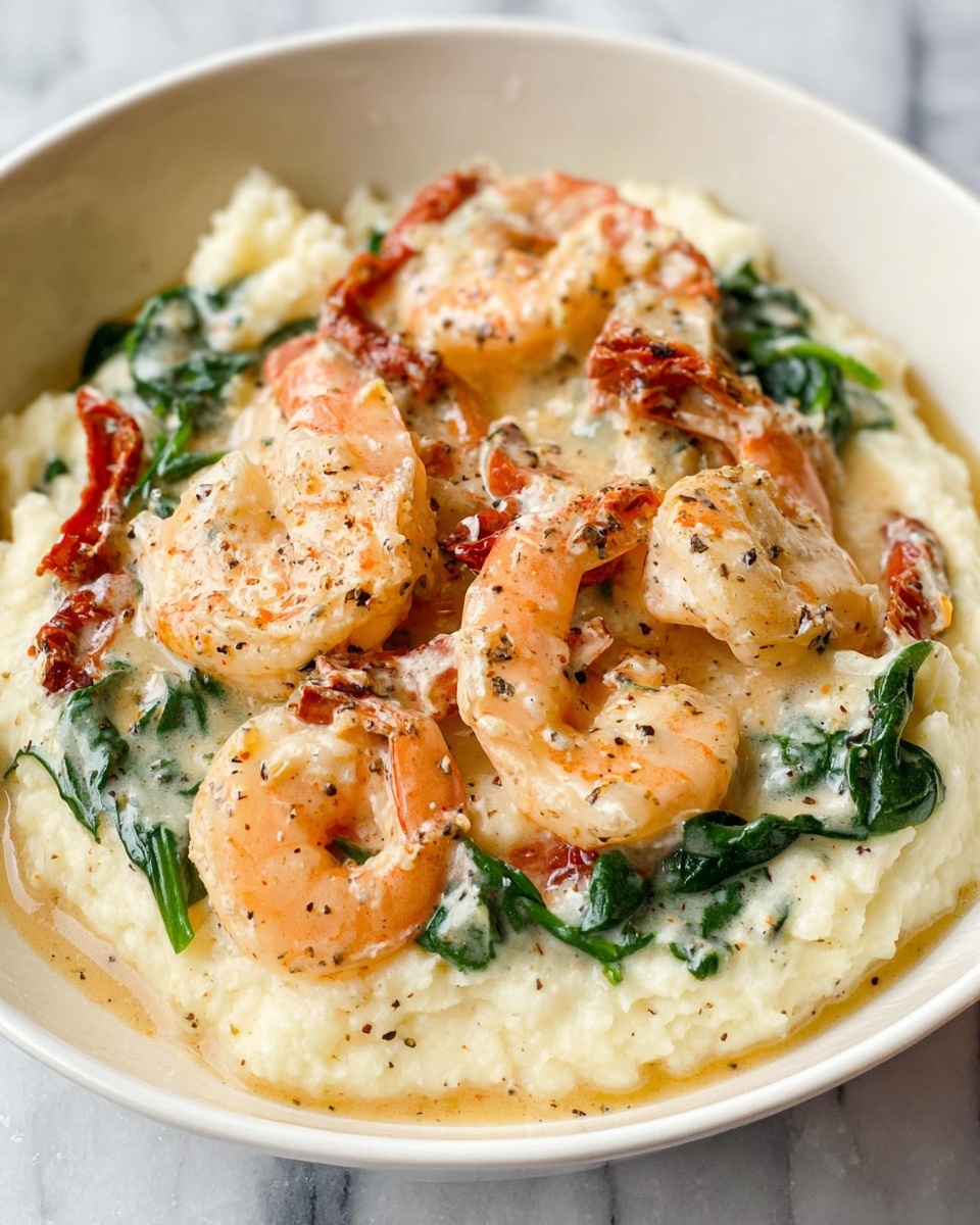 A white bowl holds a dish with three main layers: the bottom layer is a creamy, smooth mashed potato with a pale off-white color; above it, there are bright green spinach leaves lightly wilted; the top layer features large, pink cooked shrimp with a light sauce that is creamy and off-white with hints of seasoning, all elements mixed with pieces of red sun-dried tomatoes. The shrimp are slightly glossy and sprinkled with black pepper. The background shows a white marbled surface. Photo taken with an iphone --ar 4:5 --v 7