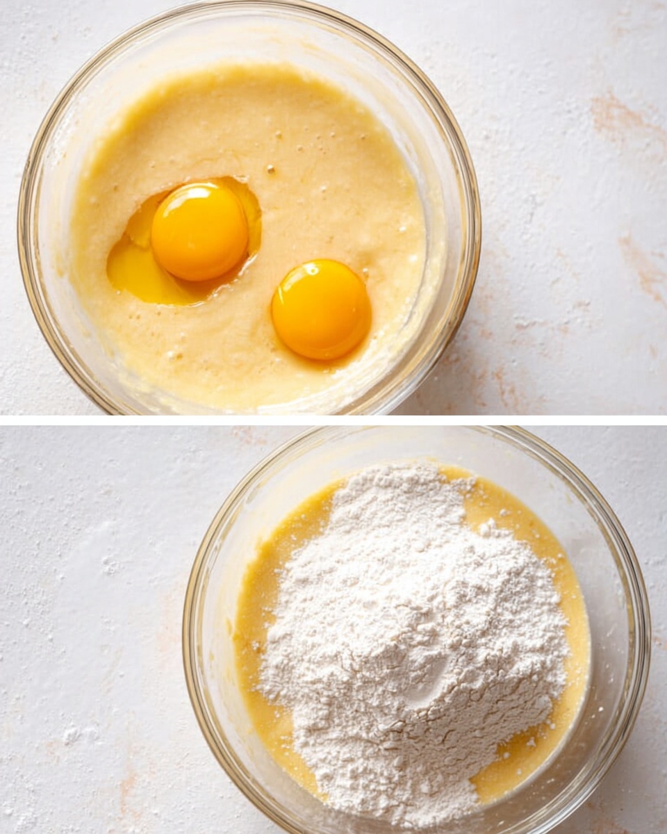 Two clear glass bowls sit on a white marbled surface, each containing different baking mixture stages. The left bowl holds a light yellow mixture with two raw, bright yellow egg yolks visible on top, both resting in a liquid batter with a smooth texture. The right bowl shows the next step, with a white powdery layer of flour placed over the same light yellow batter, creating a thick contrast between the smooth base and dry flour. Both bowls have slightly blurred edges from the glass texture. photo taken with an iphone --ar 4:5 --v 7