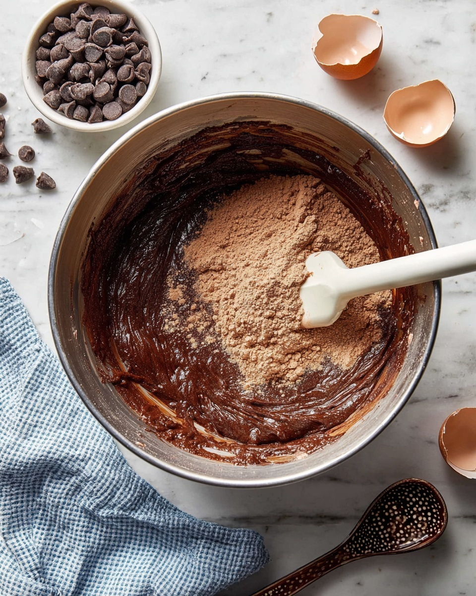 A large silver mixing bowl is placed on a white marbled surface, containing a thick, dark brown batter spread along the edges and a pile of light brown dry powder in the center. A white silicone spatula with a bit of dark batter on its blade rests inside the bowl, partially mixing the two layers. To the top left of the bowl, a small white bowl holds dark chocolate chips, some scattered around it. On the top right, two cracked eggshells lie open. Below on the marbled surface, a wooden spoon with a dark handle and decorative pattern is placed next to a blue and white checkered kitchen towel. Photo taken with an iphone --ar 4:5 --v 7