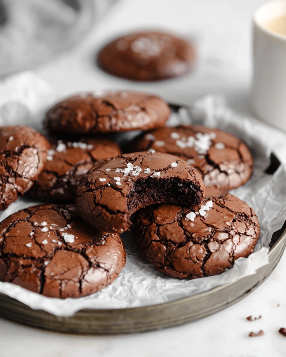 A round metal plate lined with crinkled white wax paper holds six dark brown chocolate cookies with cracked tops, each sprinkled with white salt flakes. One cookie in the middle has a bite taken out, showing a moist, dense inside. The metal plate rests on a white marbled surface with some blurred cookies and a white cup in the background, keeping the focus on the plate of cookies in the front. photo taken with an iphone --ar 4:5 --v 7