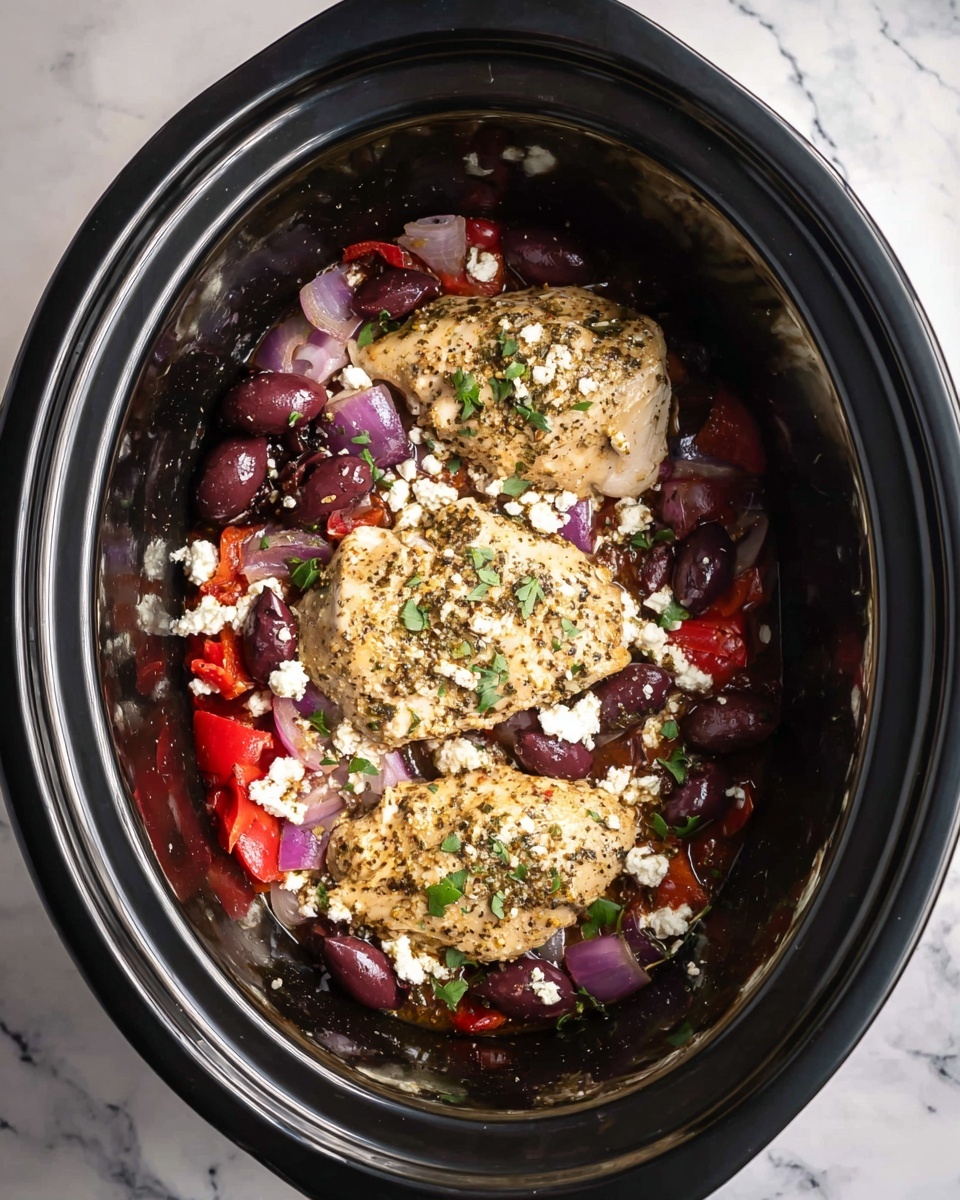 Inside a black slow cooker, three light brown cooked chicken pieces are placed on top of a colorful mix of layers. The bottom layer includes chopped red onions and red roasted peppers, adding purple and bright red hues. Next, there are dark purple olives spread around, followed by white crumbly cheese sprinkled over everything. Small green herb leaves are scattered on top of the chicken, adding a fresh look. The slow cooker sits on a white marbled surface. Photo taken with an iphone --ar 4:5 --v 7