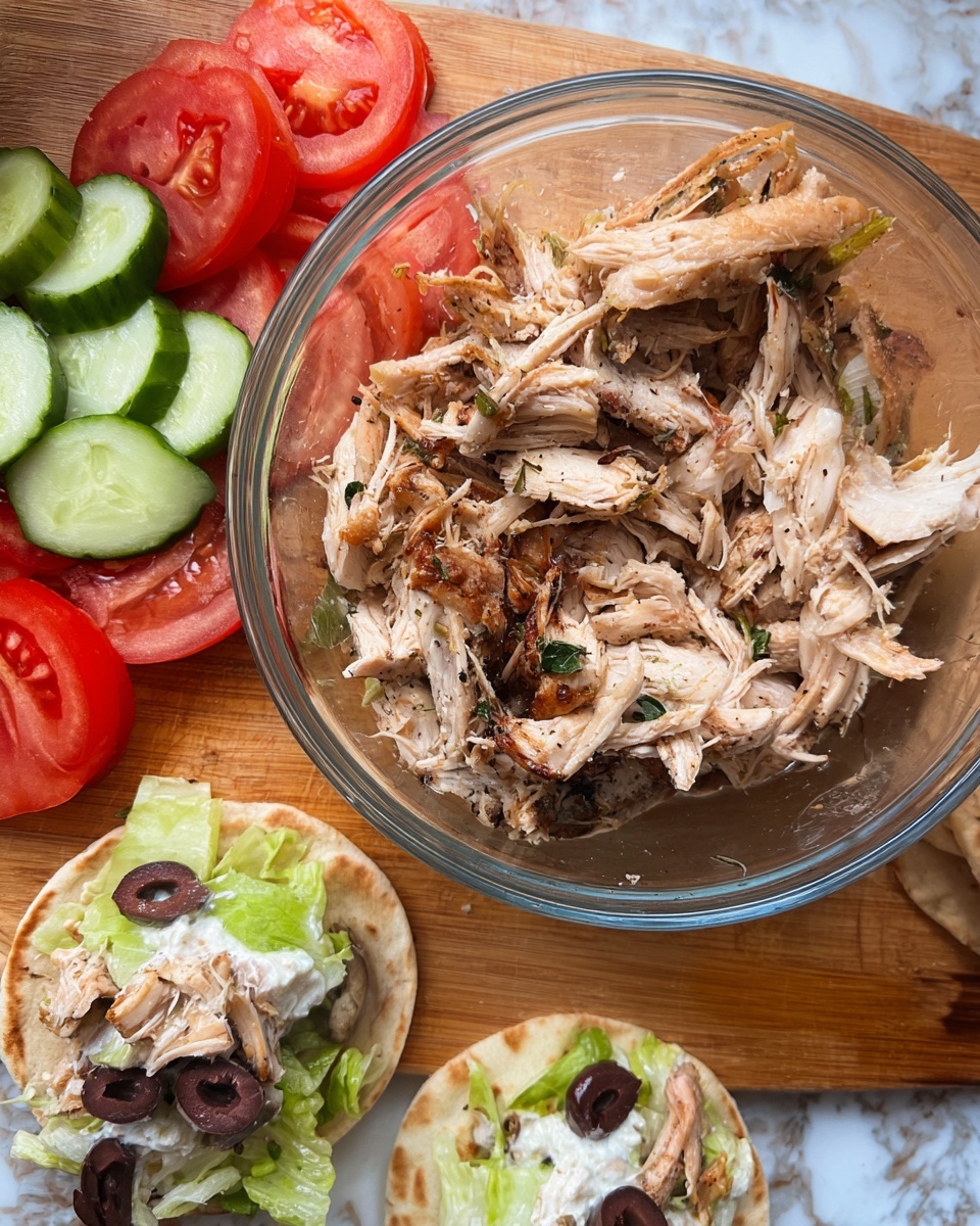 A clear glass bowl filled with shredded cooked chicken that has a mix of light brown and white colors with some herbs sprinkled on top, resting on a wooden board with slices of red tomatoes and green cucumber around it. Below, two small flatbreads are topped with a mix of layers: light green lettuce, dark purple olive slices, white creamy sauce, and chunks of light brown chicken, some with cucumber slices and tomato nearby on the same wooden board. The scene is on a white marbled surface. photo taken with an iphone --ar 4:5 --v 7