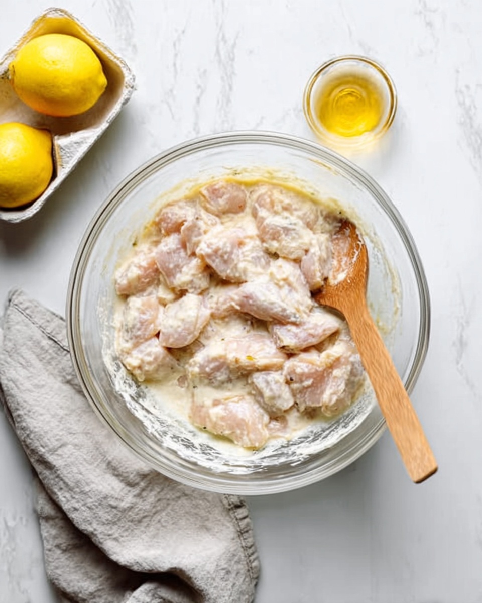 A clear glass bowl filled with raw chicken pieces covered in a light creamy mixture is placed on a white marbled surface. A wooden spoon rests inside the bowl on the right side, partially submerged in the mixture. Around the bowl, there is a small clear glass bowl with a golden liquid and a white carton holding two lemons. A light gray cloth is casually folded under the bottom left edge of the bowl. photo taken with an iphone --ar 4:5 --v 7