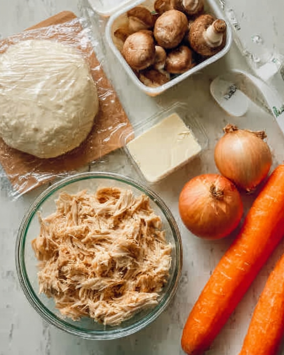 The image shows a clear glass bowl filled with shredded cooked chicken, placed on a white marbled surface. To the left of the bowl, there is a round dough ball covered in plastic wrap. Above the bowl, there is a white container filled with whole brown mushrooms. On the right side, a white wooden spoon rests near a large whole onion. Next to the onion are two whole orange carrots, and a block of cream cheese is placed nearby. The whole scene is set on a white marbled background, creating a clean and bright look. photo taken with an iphone --ar 4:5 --v 7