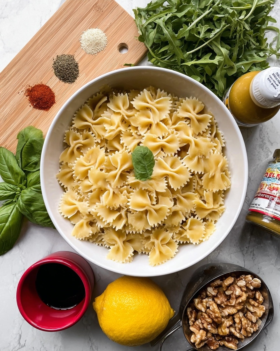 A white bowl filled with uncooked bowtie pasta sits at the center on a white marbled texture surface. Surrounding the bowl are fresh green basil leaves and a whole yellow lemon at the bottom, a metal measuring cup with walnut pieces to the right, and a jar of dijon mustard bottle leaning slightly. Above the bowl, fresh green arugula leaves spread out, with a jar of capers nearby. On the left side, a small wooden tray holds three spice powders: salt, black pepper, and red chili powder. A small red cup holding dark liquid is placed near the walnuts. photo taken with an iphone --ar 4:5 --v 7