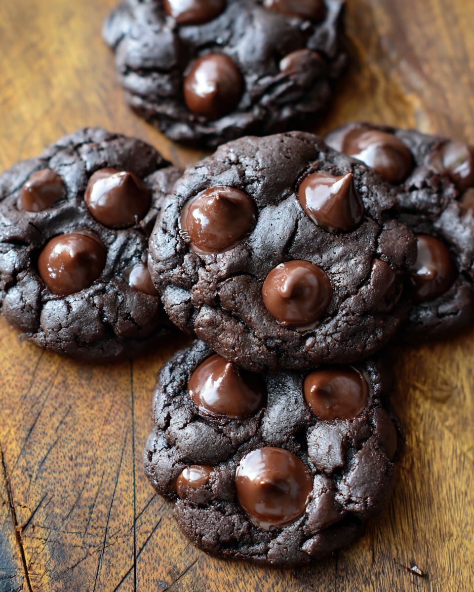 Delicious Flourless Dark Chocolate Brownie Cookies Recipe 5 The image shows five thick dark chocolate cookies, each with three large smooth chocolate drops embedded on the top surface. The cookies have a cracked, shiny texture with a deep rich brown color. They are placed on a wooden board with some visible knife marks. The arrangement shows the cookies overlapping slightly, highlighting their soft and dense appearance. photo taken with an iphone --ar 4:5 --v 7