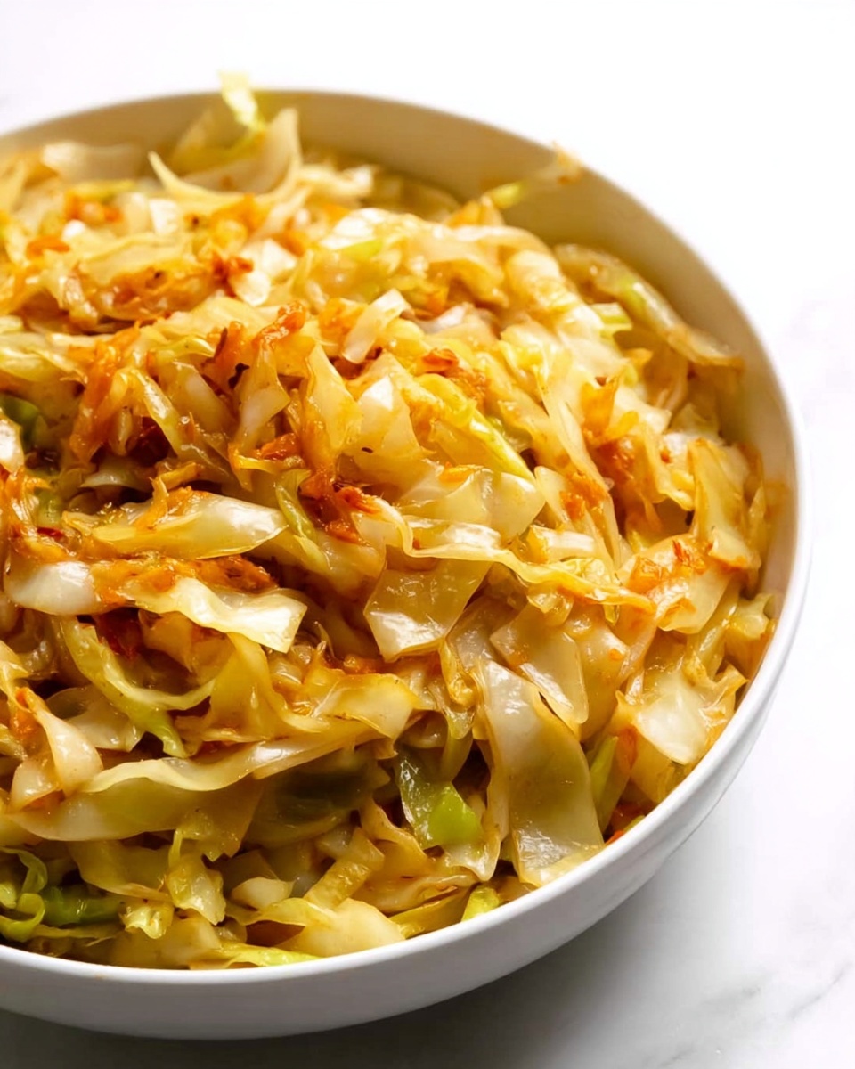 A close-up view of a white bowl filled with cooked cabbage noodles, showing about two layers. The bottom layer has light green cabbage strips with a soft texture, while the top layer shows noodles mixed with golden brown and light orange pieces, giving a slightly oily and seasoned look. The bowl sits on a white marbled surface, and the lighting highlights the shiny, tender quality of the noodles and cabbage. Photo taken with an iphone --ar 4:5 --v 7
