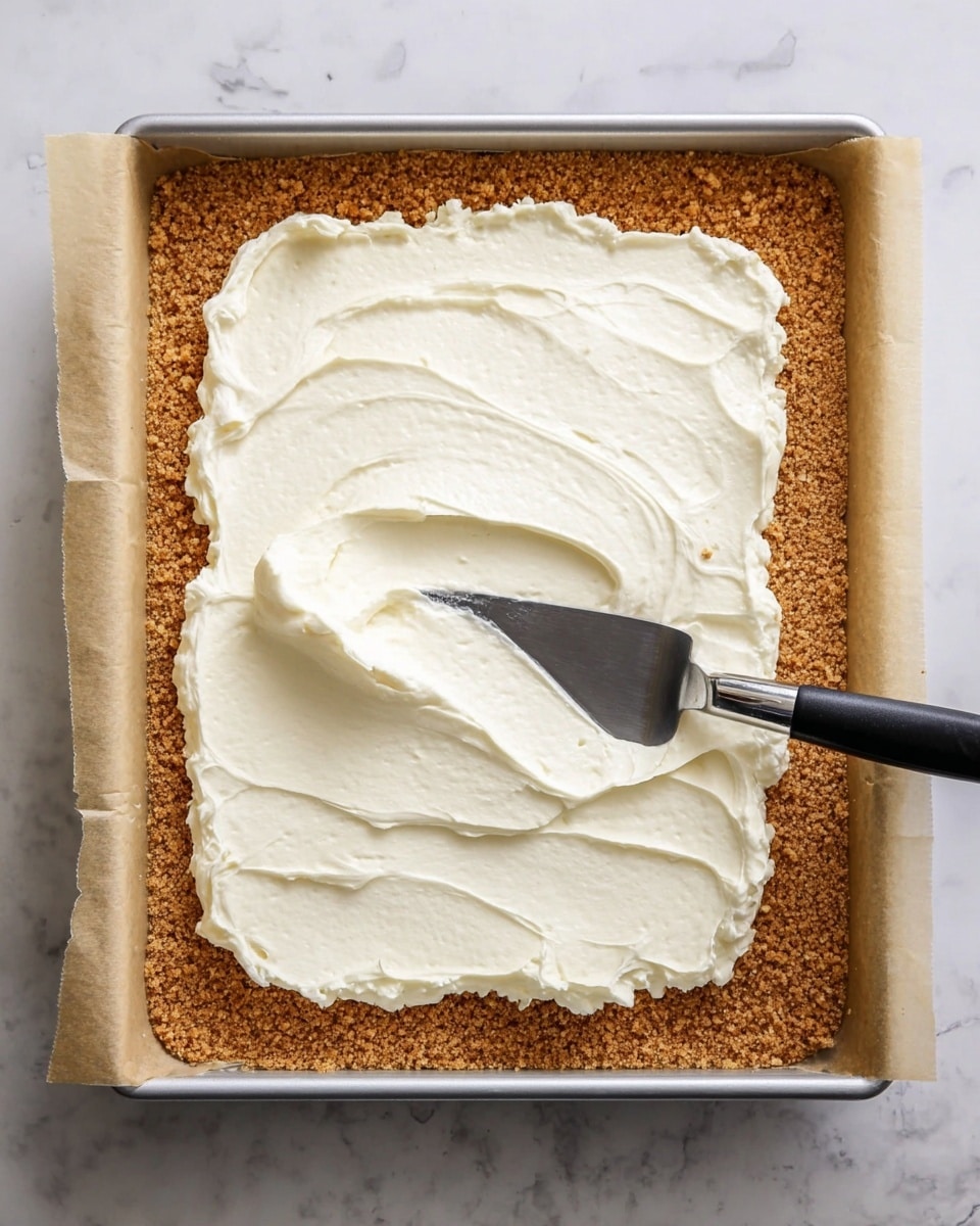A rectangular pan lined with parchment paper holds a thick, even layer of golden brown crumb crust as the base. On top, a large dollop of creamy white filling is being spread smoothly with a spatula that has a black handle, partially flattening the soft, fluffy texture of the cream over the crust. The pan and parchment edges frame the dessert layer clearly, all set on a white marbled surface. photo taken with an iphone --ar 4:5 --v 7