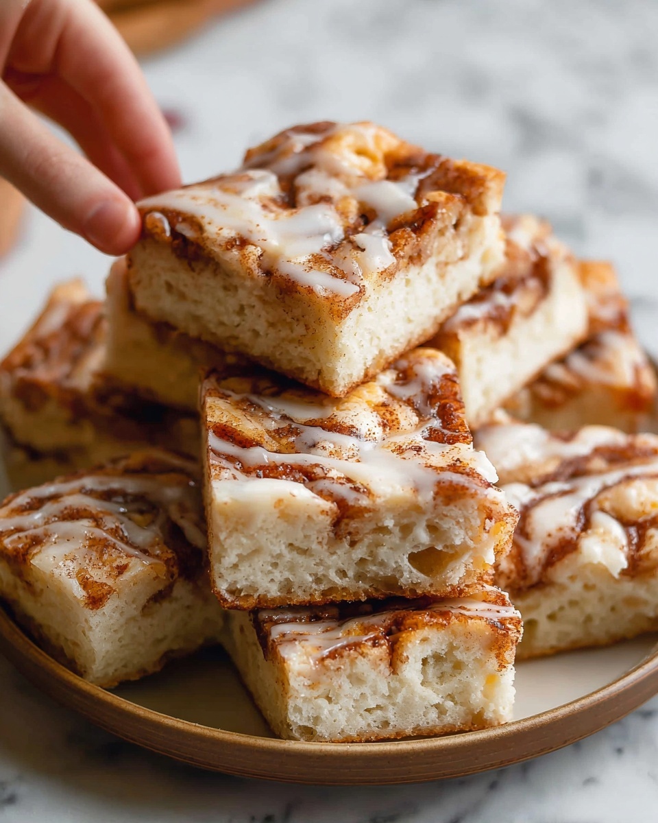The image shows several square pieces of cinnamon swirl cake with icing on top, stacked in a casual pile on a white plate. Each piece has two visible layers: the bottom layer is a thick, soft, light beige cake with small air holes, while the top layer has a swirled mix of brown cinnamon and white icing, creating a marbled effect. The cinnamon topping looks slightly crispy and caramelized, with the icing drizzled unevenly, adding a glossy texture. The background and surface have a white marbled texture, and a woman's hand is gently holding one piece on the side. Photo taken with an iphone --ar 4:5 --v 7