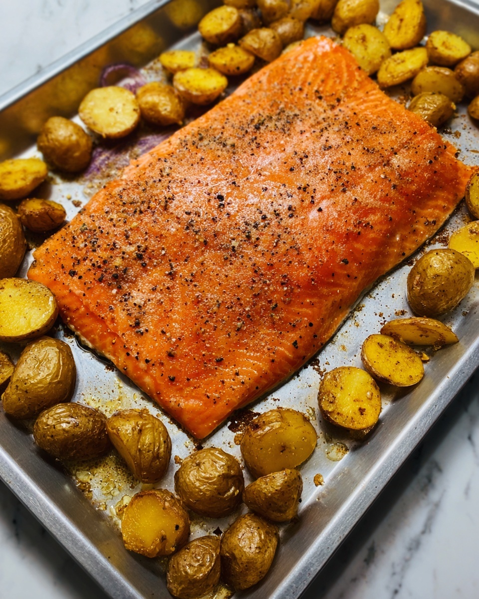 A large, bright orange salmon fillet covers the middle of a silver baking tray, sprinkled evenly with coarse black pepper and seasoning that gives a slightly rough texture on top. Around the salmon, golden brown roasted baby potatoes with crispy, uneven skins fill the sides of the tray, adding a contrast with their round shapes and textured surfaces. The tray rests on a white marbled surface. Photo taken with an iphone --ar 4:5 --v 7