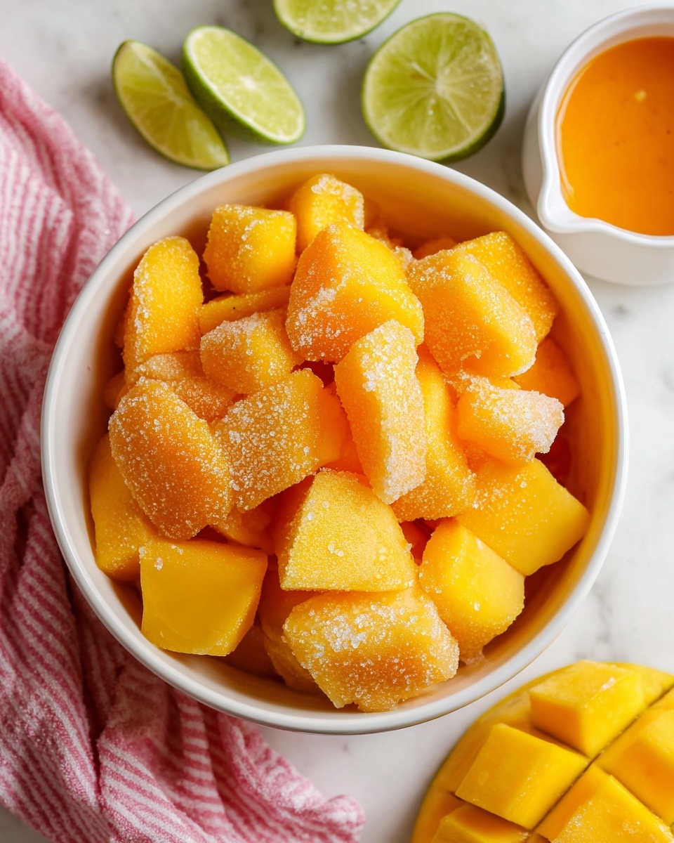 A white bowl filled with frozen mango pieces showing bright yellow and orange colors with frost on the surface, the mango chunks are in different shapes and sizes, surrounding the bowl are slices of lime and a small white cup with orange sauce, all set on a white marbled texture with a pink and white striped cloth partially visible. photo taken with an iphone --ar 4:5 --v 7