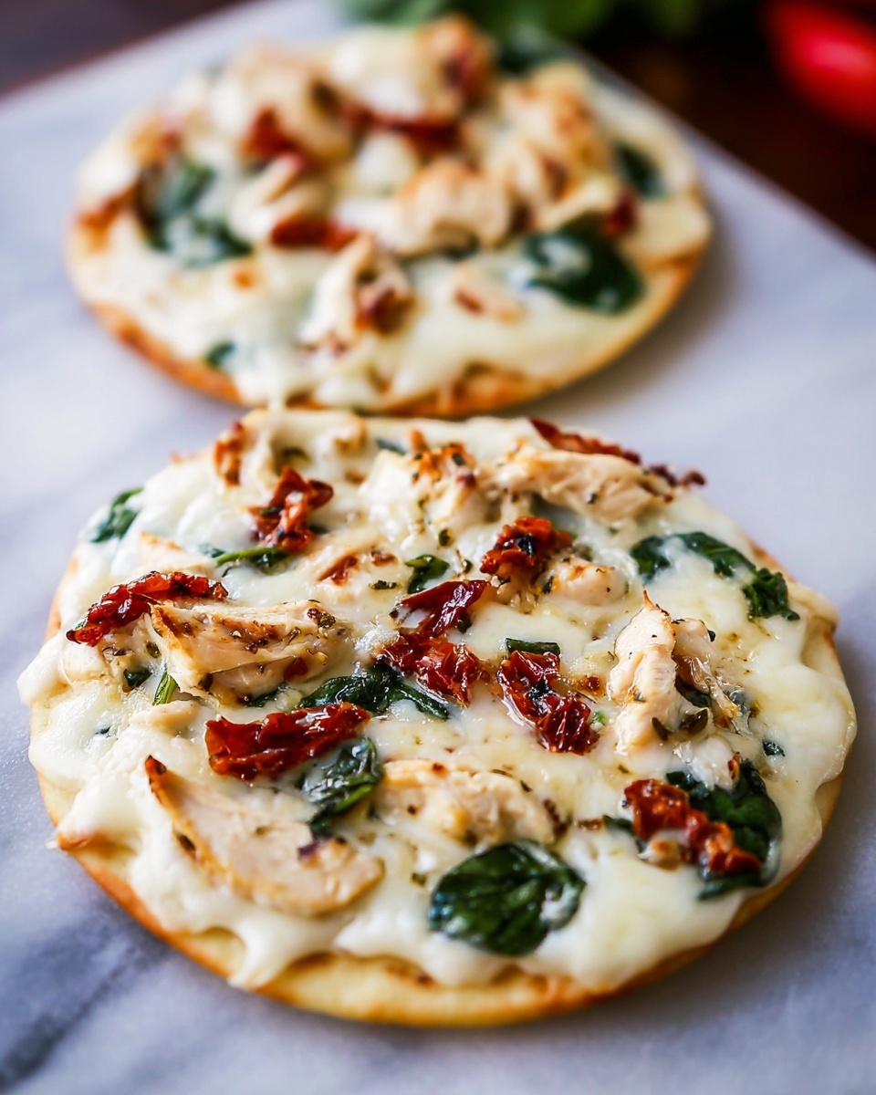 Two small round flatbreads lie side by side on a white marbled surface. Each flatbread has one layer of melted white cheese covering it smoothly. On top, there are pieces of light golden brown chicken, scattered sun-dried tomatoes in deep red, and fresh spinach leaves with dark green and curved shapes mixed into the cheese layer. The surface of the flatbreads is slightly shiny from the melted cheese, and the background is blurred with hints of red and green. Photo taken with an iphone --ar 4:5 --v 7