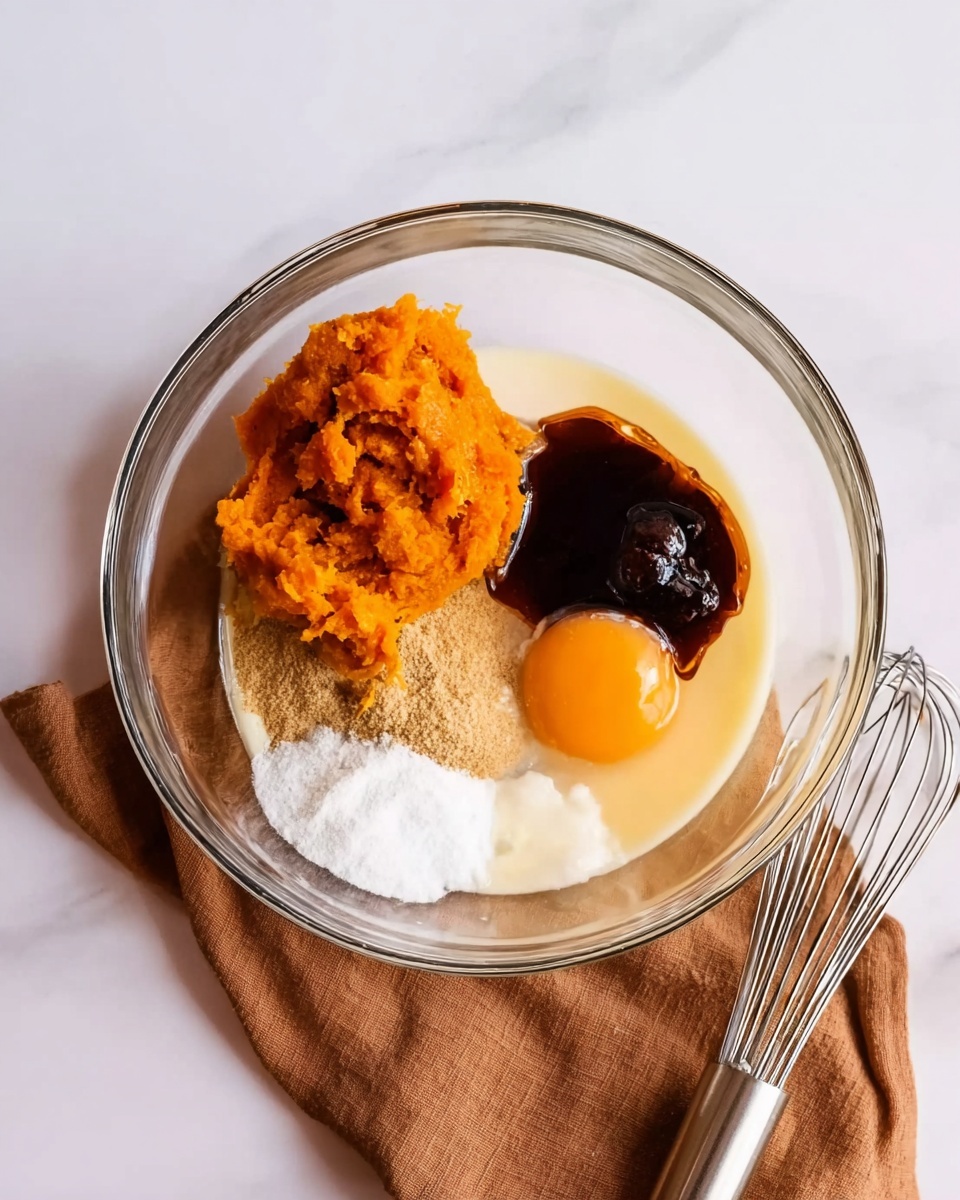 In a clear glass bowl placed on a white marbled surface, there are five main ingredients arranged separately: a rough orange pumpkin puree mound on the top left, a shiny raw egg yolk with some egg white around it near the center right, a dark brown thick syrupy liquid next to the egg yolk, a white pile of sugar or flour below the pumpkin puree, and a pale creamy liquid filling the remaining space in the bowl. A metal whisk rests on a brown cloth below the bowl, and a white cloth is partially visible on the upper right side. The scene is bright with soft natural light, giving it a fresh and clean look photo taken with an iphone --ar 4:5 --v 7