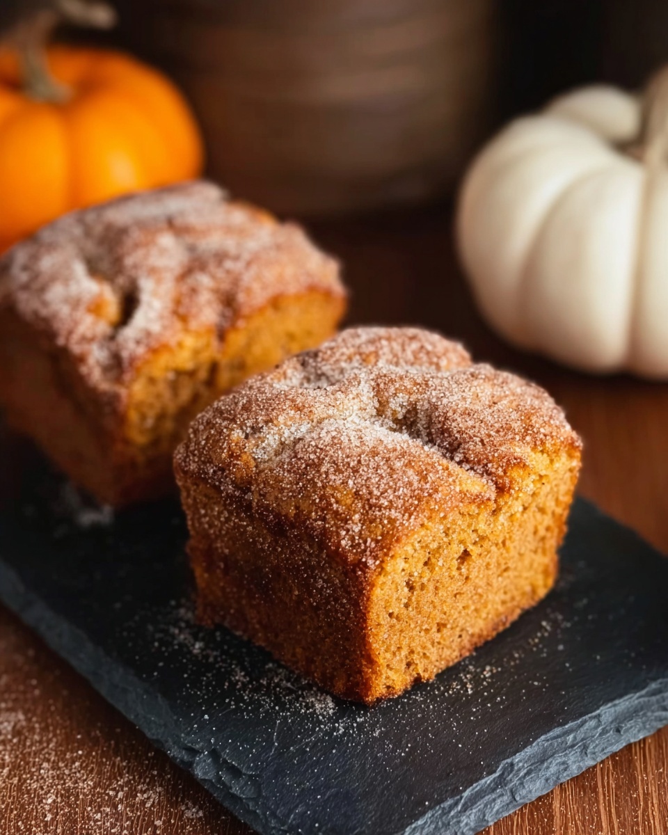 The image shows two small square cakes with a golden-brown crust and a textured surface covered with a light dusting of sugar and cinnamon. The cakes sit side by side on a black slate board, which rests on a wooden table. In the background, there is a white pumpkin with soft orange details, slightly out of focus. The cakes have a dense, slightly crumbly appearance with small cracks on top. The scene has warm lighting and a cozy autumn feel. Photo taken with an iphone --ar 4:5 --v 7