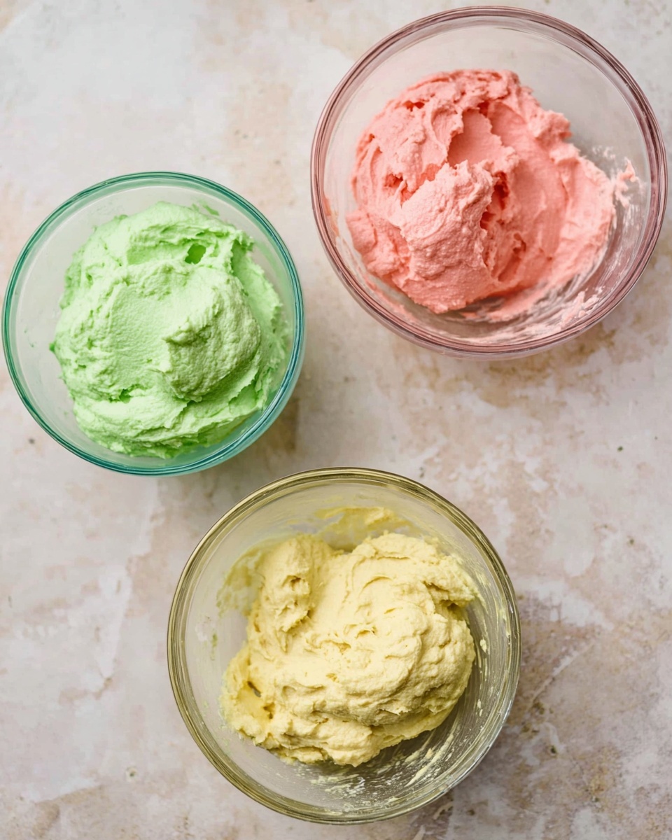 Three clear glass bowls sit on a white marbled textured surface, each filled with a different color of creamy frosting. The top bowl contains pink frosting with a smooth yet slightly fluffy texture. The left bowl holds green frosting, also smooth but with a few visible soft peaks. The bottom bowl is filled with pale yellow frosting, showing a thick and slightly rough texture. The bowls are arranged in a loose triangle with spacing between them. Photo taken with an iphone --ar 4:5 --v 7