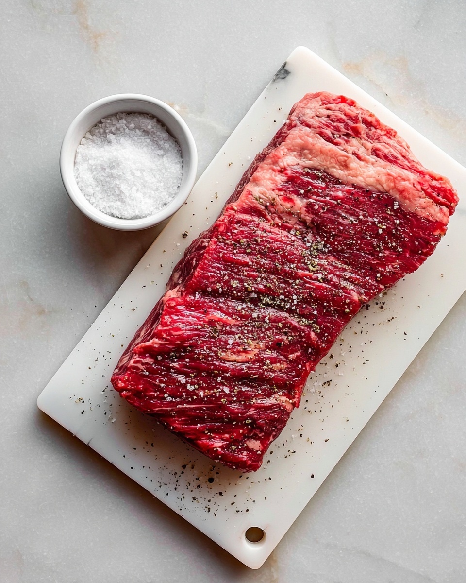 A piece of raw meat with a red and white marbled texture is placed on a white cutting board. The meat is rectangular with uneven edges and sprinkled with coarse salt and black pepper. To the bottom left of the meat, there is a small white bowl filled with white salt. The cutting board sits on a white marbled surface. Photo taken with an iphone --ar 4:5 --v 7