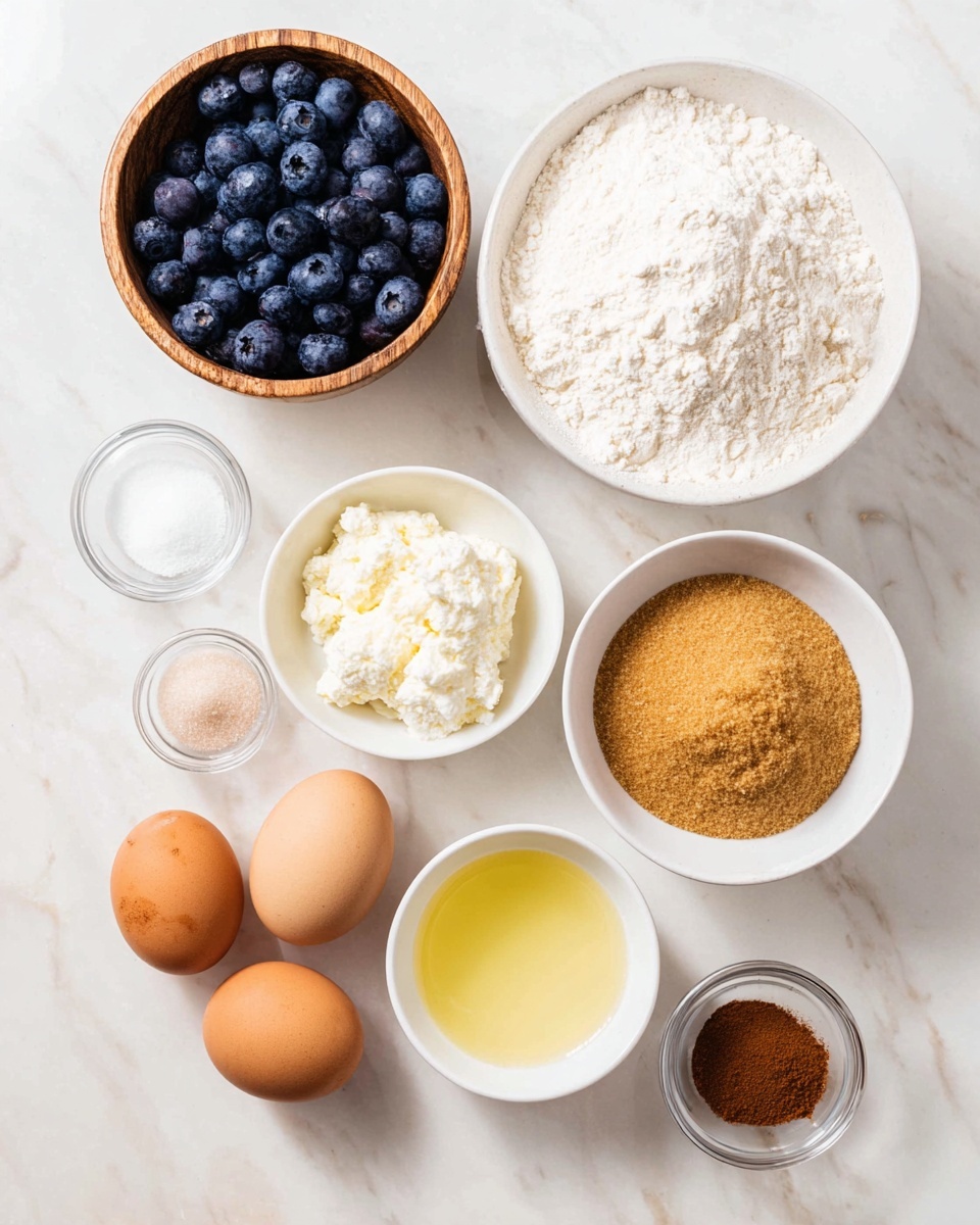 The image shows eight bowls and two eggs arranged on a white marbled surface. Starting from the top left, there is a wooden bowl filled with fresh blue blueberries, next to it on the right is a large white bowl filled with white flour. Below the flour bowl is a white bowl with white, creamy cottage cheese. To the right of the cottage cheese is a white bowl filled with light brown sugar. Below the sugar bowl is a small white bowl filled with a light yellow liquid, likely oil or melted butter. To the left of that is a pair of brown eggs placed side by side. Above the eggs are three small clear glass bowls containing white salt, white baking powder, and brown cinnamon powder in a vertical line. The items and bowls are neatly organized on the white marbled surface, creating a clean and fresh look. photo taken with an iphone --ar 4:5 --v 7