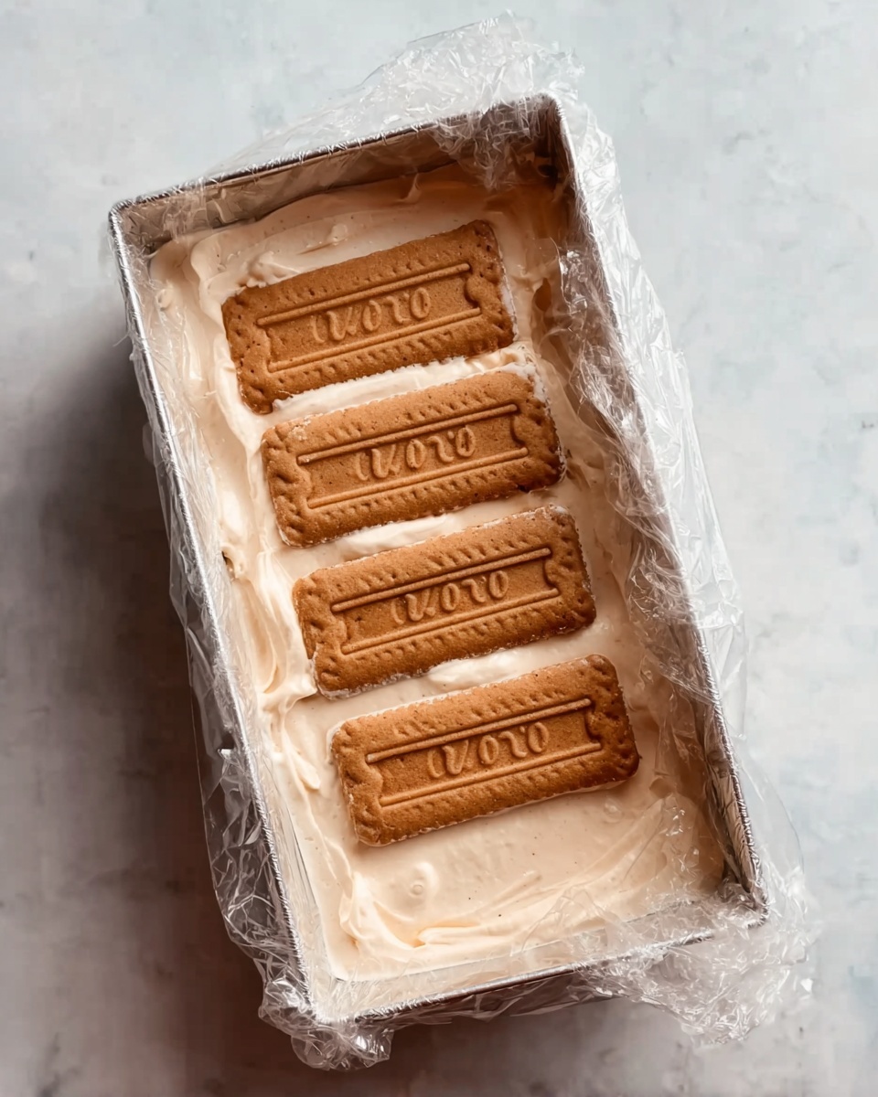 A rectangular metal loaf pan lined with clear plastic wrap holds a creamy light beige mixture with a smooth texture. On top of the mixture, five light brown rectangular biscuits with an embossed design are placed side by side in a neat pattern, covering about half of the surface. The pan is set on a white marbled surface. photo taken with an iphone --ar 4:5 --v 7