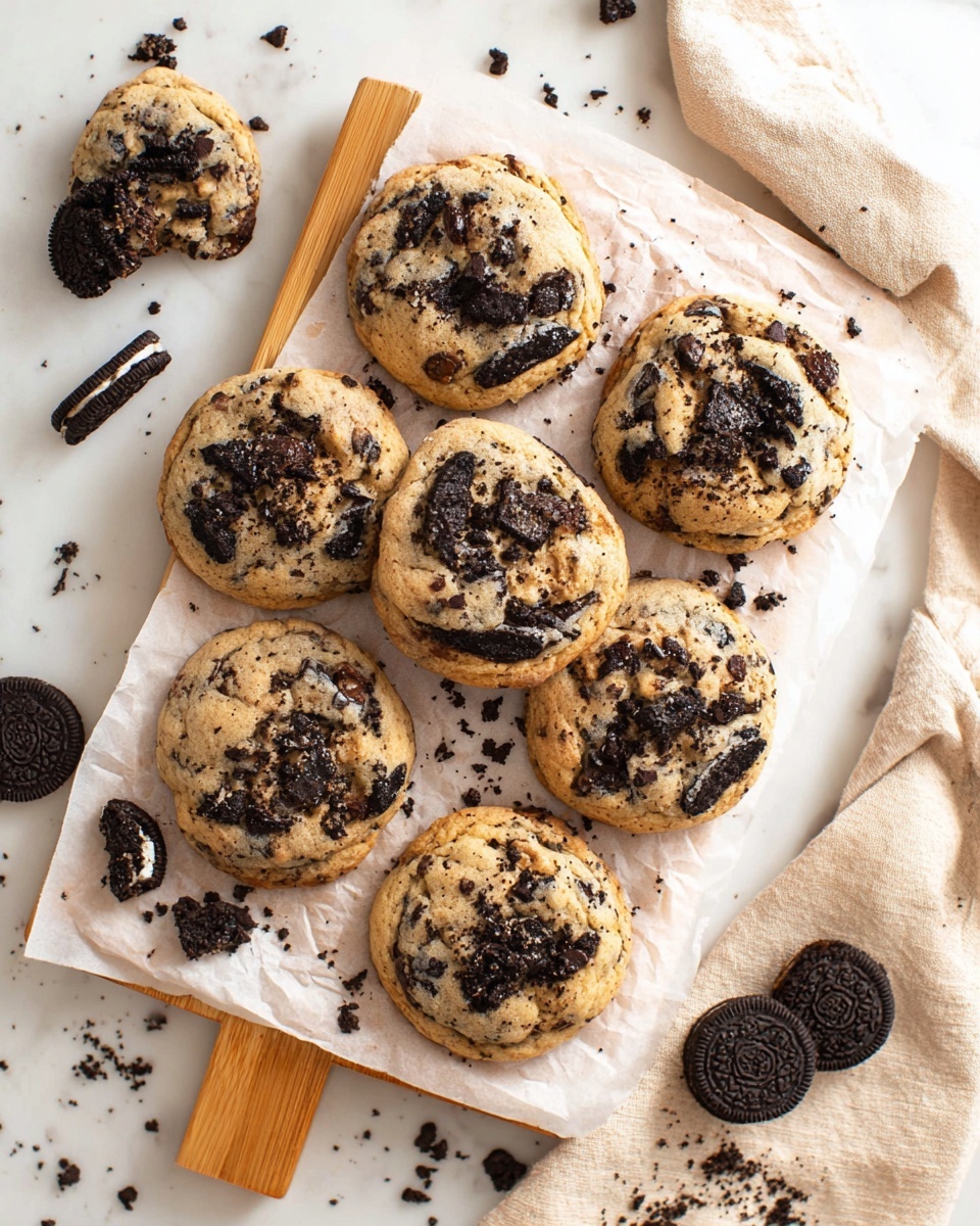 The image shows a cookie sandwich cut in half with two visible layers. The outer layer is thick, golden-brown cookie dough with a slightly crumbly texture, sprinkled with dark cookie crumbs. Inside, there are dark chocolate cookie layers with a thin white cream filling. The sandwich halves are stacked on top of each other on white parchment paper placed on a wooden board, with some dark chocolate pieces scattered around. The background features soft, blurred white marbled texture. photo taken with an iphone --ar 4:5 --v 7