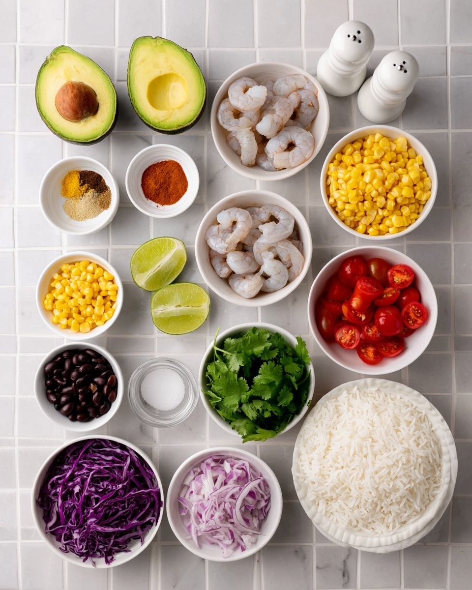 The image shows a flat lay of fresh ingredients arranged neatly on a white marbled surface with a grid pattern. There is a large halved avocado with a seed on the top left. Around it are small white bowls holding various spices in red, yellow, brown, and light beige colors. Below the spices, there are two halved limes showing their green flesh. Several white bowls hold bright yellow corn kernels, finely chopped red onions, halved cherry tomatoes, fresh green cilantro leaves, whole black beans, raw peeled shrimp with a translucent gray tone, shredded purple cabbage, and plain white rice. Two white ceramic shakers, likely salt and pepper, stand tall near the top right. The colors are bright and fresh with a clear division between each ingredient. photo taken with an iphone --ar 4:5 --v 7