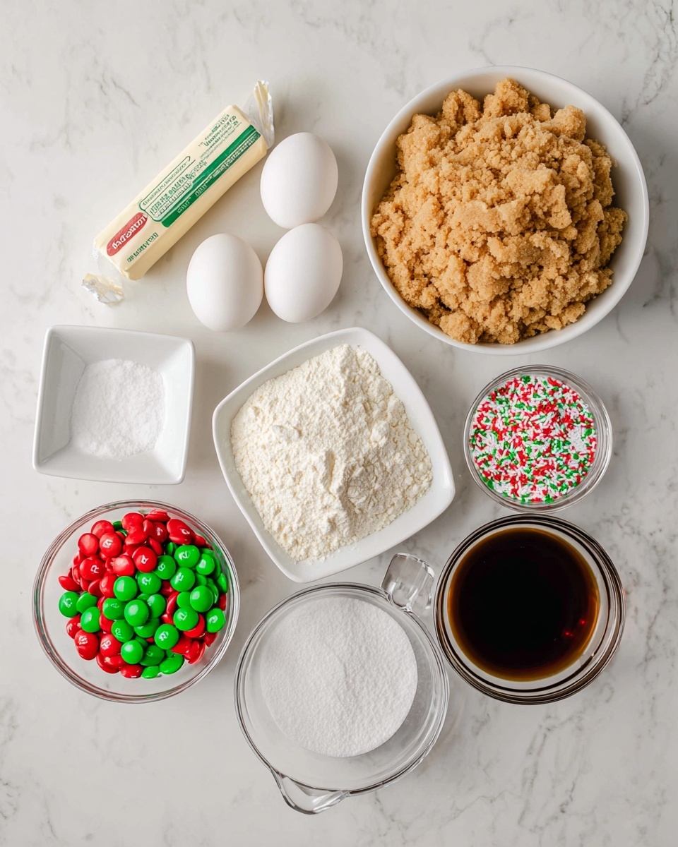This image shows an overhead view of baking ingredients arranged neatly on a white marbled surface. At the top center is a white bowl filled with light brown sugar with a crumbly texture. To its upper left is a stick of butter in its wrapper, and just below are two white eggs resting directly on the surface. Below the butter, on the left side, is a small white square dish containing a few white powders, likely baking soda and salt. Centered below the brown sugar bowl is a glass measuring cup full of white flour. To the right of the flour is a small clear bowl filled with red, white, and green sprinkles. Below the flour to the left, there is a clear bowl filled with red and green candy-coated chocolates, and to the right of it, there is a small white bowl with dark brown vanilla extract. All items are set on the white marbled background, spaced evenly for a clean, organized look photo taken with an iphone --ar 4:5 --v 7