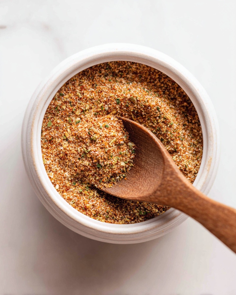 A white jar filled almost to the top with a finely ground spice mix that shows layers of small, textured granules in shades of reddish-brown, light beige, and small hints of green herbs scattered throughout; a smooth wooden spoon is partially dipped inside, resting diagonally from the bottom right towards the center, surrounded by a white marbled surface background. photo taken with an iphone --ar 4:5 --v 7