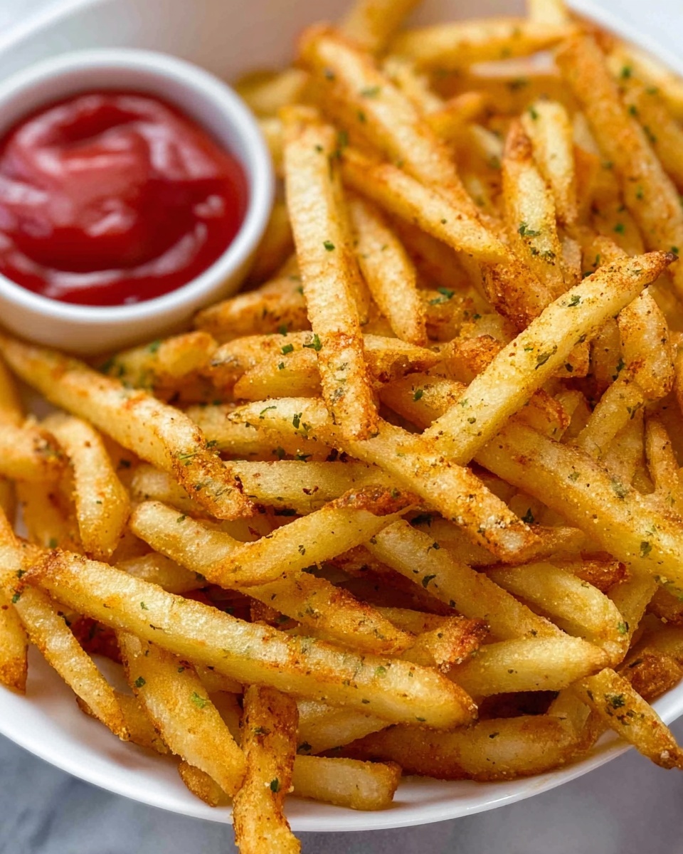 A close-up view of a white bowl filled with many golden-brown French fries that have a light dusting of herbs and spices, giving them a slightly rough texture. On the left side of the bowl, there is a small white dish filled with smooth, bright red ketchup that contrasts with the fries. The white bowl sits on a white marbled surface that adds a clean and elegant background to the image. photo taken with an iphone --ar 4:5 --v 7
