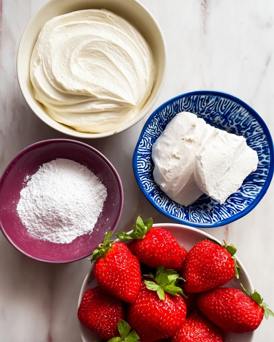 Four small bowls sit on a white marbled surface, each filled with different ingredients. The top left bowl is white and filled with thick, smooth cream cheese, creamy white in color with swirled texture. The top right bowl is blue with white patterns, filled with smooth white cream that looks light and soft. The bottom left bowl is purple and holds fine, white powdered sugar, fluffy and even. The bottom right bowl is white, filled with bright red strawberries with green leafy tops, their shiny surface showing small seeds. Photo taken with an iphone --ar 4:5 --v 7