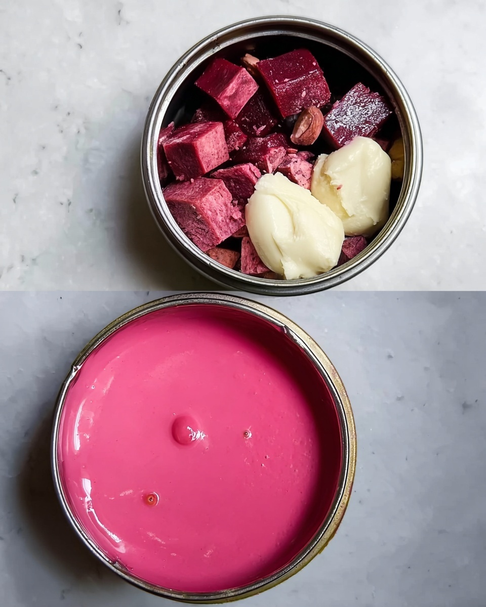 The first image shows a close-up of an open metal container filled with three layers: at the bottom, small dark red cubes with a juicy texture; in the middle, a few small pale nuts; on top, two dollops of soft, white creamy substance. The second image is a top view of a container filled with smooth, thick bright pink liquid, with a glossy surface and a small round bubble in the center. Both images are placed on a white marbled surface photo taken with an iphone --ar 4:5 --v 7