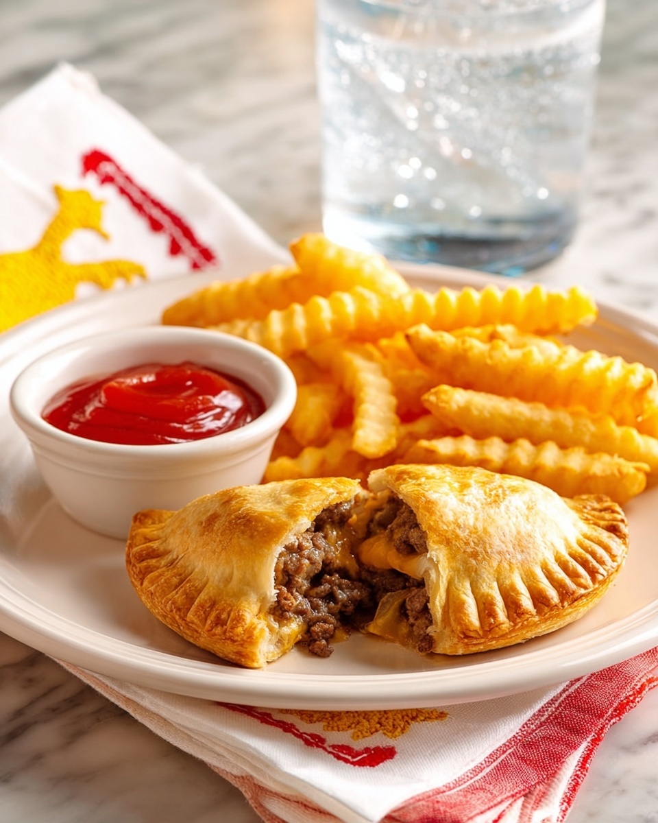 A close-up view of a woman's hand holding a half-eaten round sandwich with a golden-brown crispy crust. Inside the sandwich, there is a layer of finely ground cooked meat visible, golden melted cheese, and a slight hint of onions. The sandwich is being dipped into a striped white and blue bowl filled with bright red sauce. The background is softly blurred with greens and yellows, resting on a white marbled surface. Photo taken with an iphone --ar 4:5 --v 7