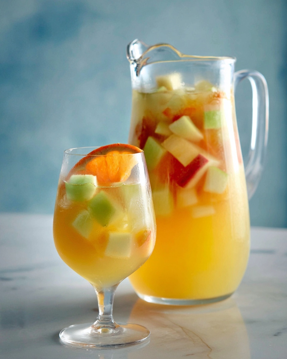 Two clear round glasses filled with light green-yellow liquid are placed on a white marbled surface. Inside each glass, thin slices of green apple and bright orange citrus fruit float near the top, adding contrast and texture. Behind the glasses, a whole green apple and a half orange with bright orange and white inside are shown slightly blurred, adding fresh fruit context. The light shines softly on the glasses, showing condensation and refreshing coolness. photo taken with an iphone --ar 4:5 --v 7