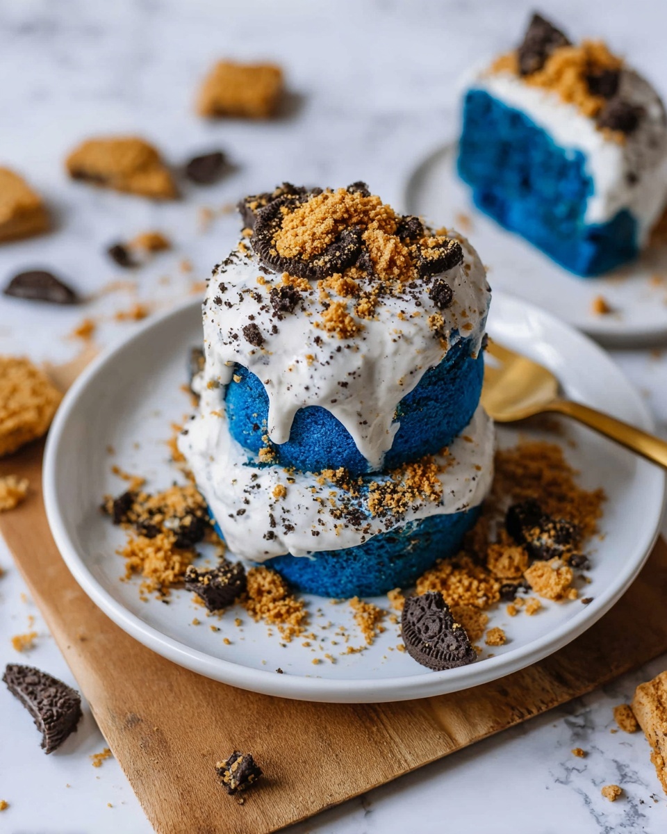 Two layers of bright blue cake sit stacked on a white plate on a wooden board. The bottom layer shows a smooth deep blue color, while the top layer is covered with a thick white cream that drips slightly on the sides. Both layers are sprinkled generously with crushed golden and dark cookie crumbs, adding texture and color contrast. Around the plate are scattered cookie pieces and crumbs, with a gold fork placed nearby. The whole scene rests on a white marbled surface. Photo taken with an iphone --ar 4:5 --v 7