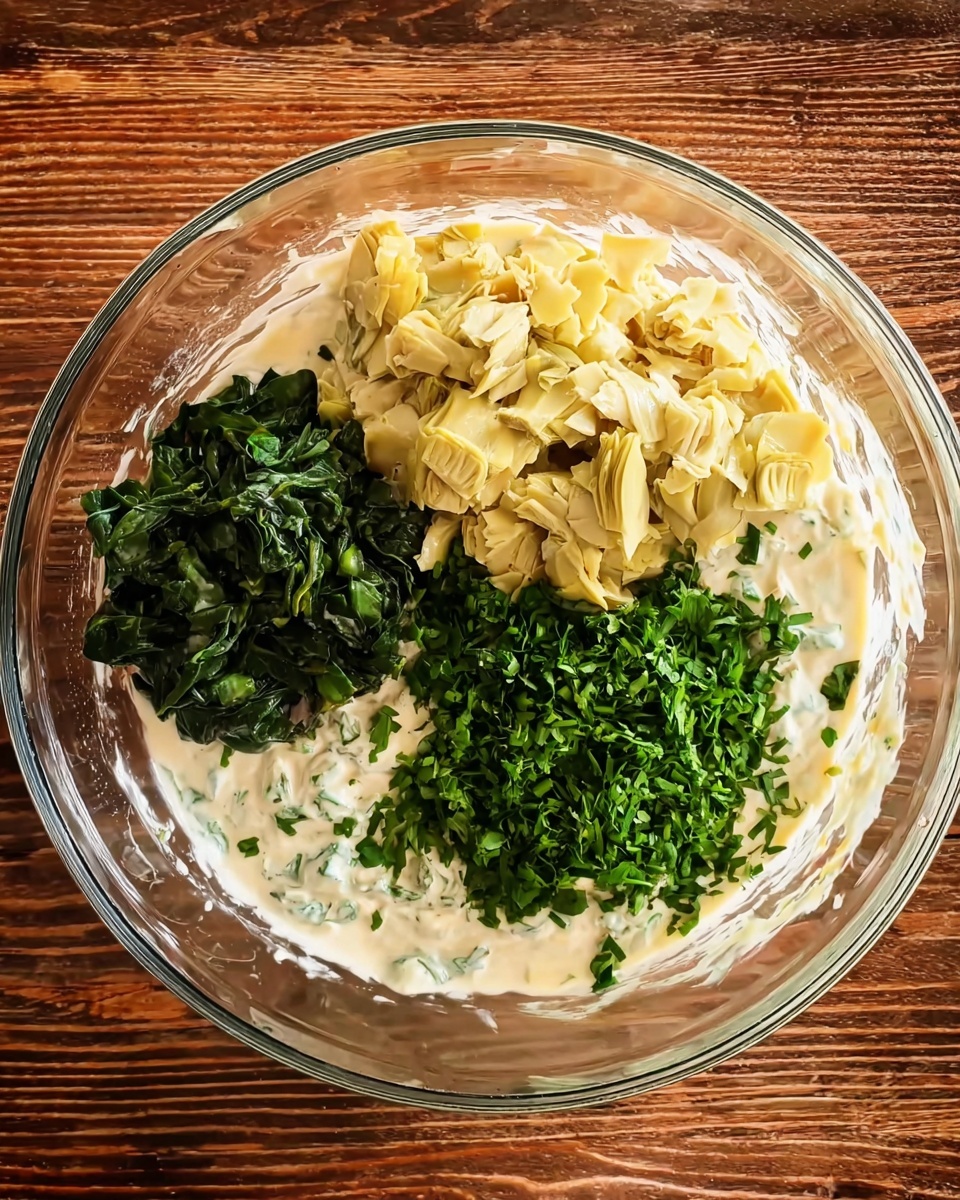 A clear glass bowl filled with a creamy white mixture that takes up most of the space, topped with three distinct layers arranged in sections on top: pale yellow pieces of artichoke on the upper left, dark green chopped spinach on the lower left, and bright green chopped fresh herbs on the right. The bowl sits on a wooden surface. photo taken with an iphone --ar 4:5 --v 7