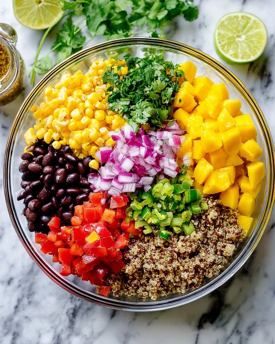 A clear glass bowl sits on a white marbled surface filled with seven colorful layers of ingredients arranged side by side in a circular pattern. Starting from the top left and moving clockwise, there is bright yellow corn with a few green cilantro leaves, a pile of dark black beans, a heap of cooked quinoa in light brown and off-white colors, and diced mangoes in bright golden yellow. Next to the mangoes are vibrant red diced tomatoes, topped with chopped red onions and finely chopped green jalapeno peppers in the center, all garnished with scattered fresh cilantro leaves. In the background, there is a squeezed lime half, a lime wedge, some cilantro sprigs, and a small jar of dressing. Photo taken with an iphone --ar 4:5 --v 7