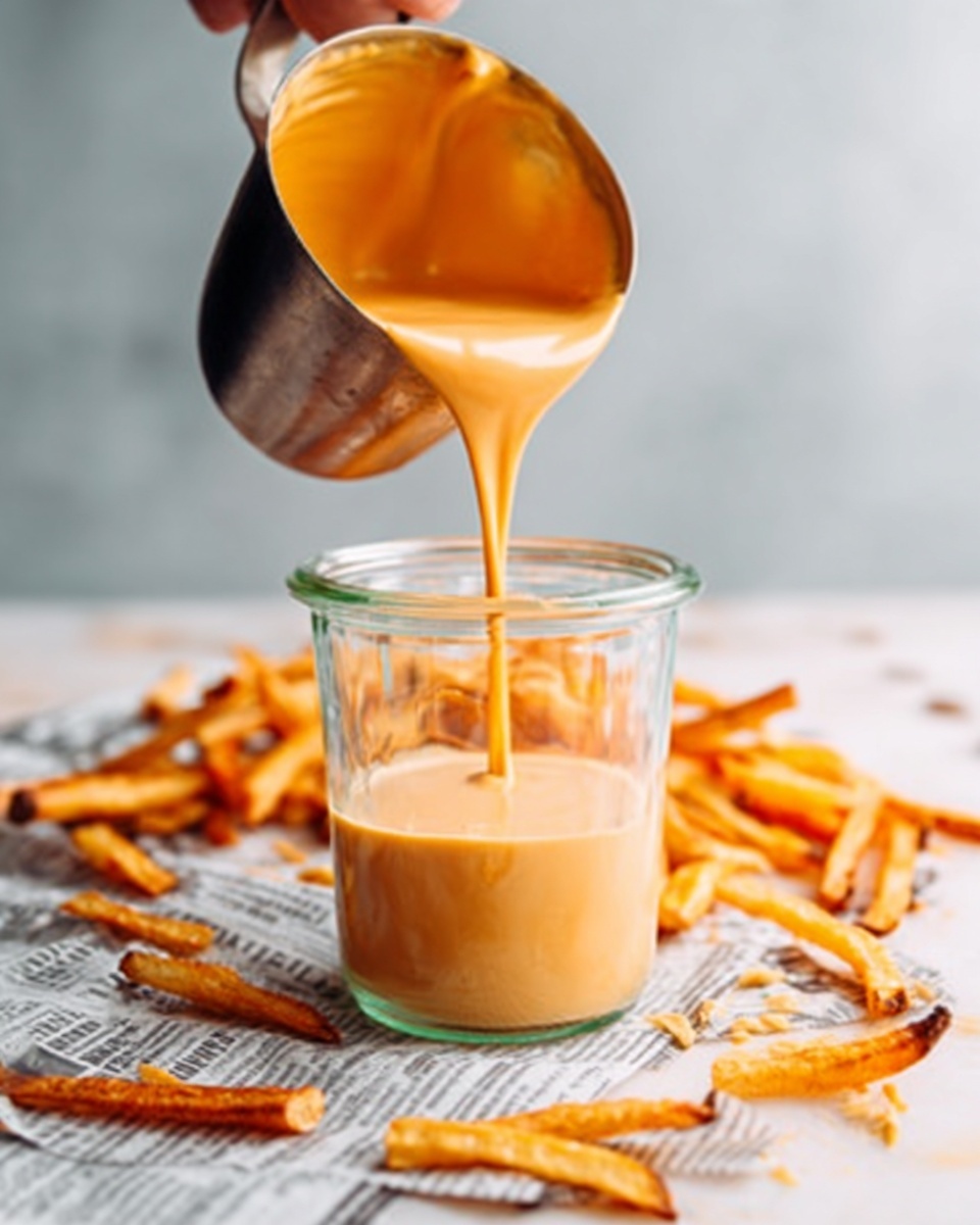 In this image, a glass jar filled with light orange sauce sits on a white marbled surface covered partly with newspaper. A metal pitcher is pouring a thick, smooth, light orange sauce into the jar. Around the jar, there are some golden-brown fries scattered casually on the newspaper and the white marbled surface. A woman's hand holds the pitcher, visible at the top left, carefully pouring the sauce. The background is soft and blurred, keeping the focus on the sauce and fries. photo taken with an iphone --ar 4:5 --v 7