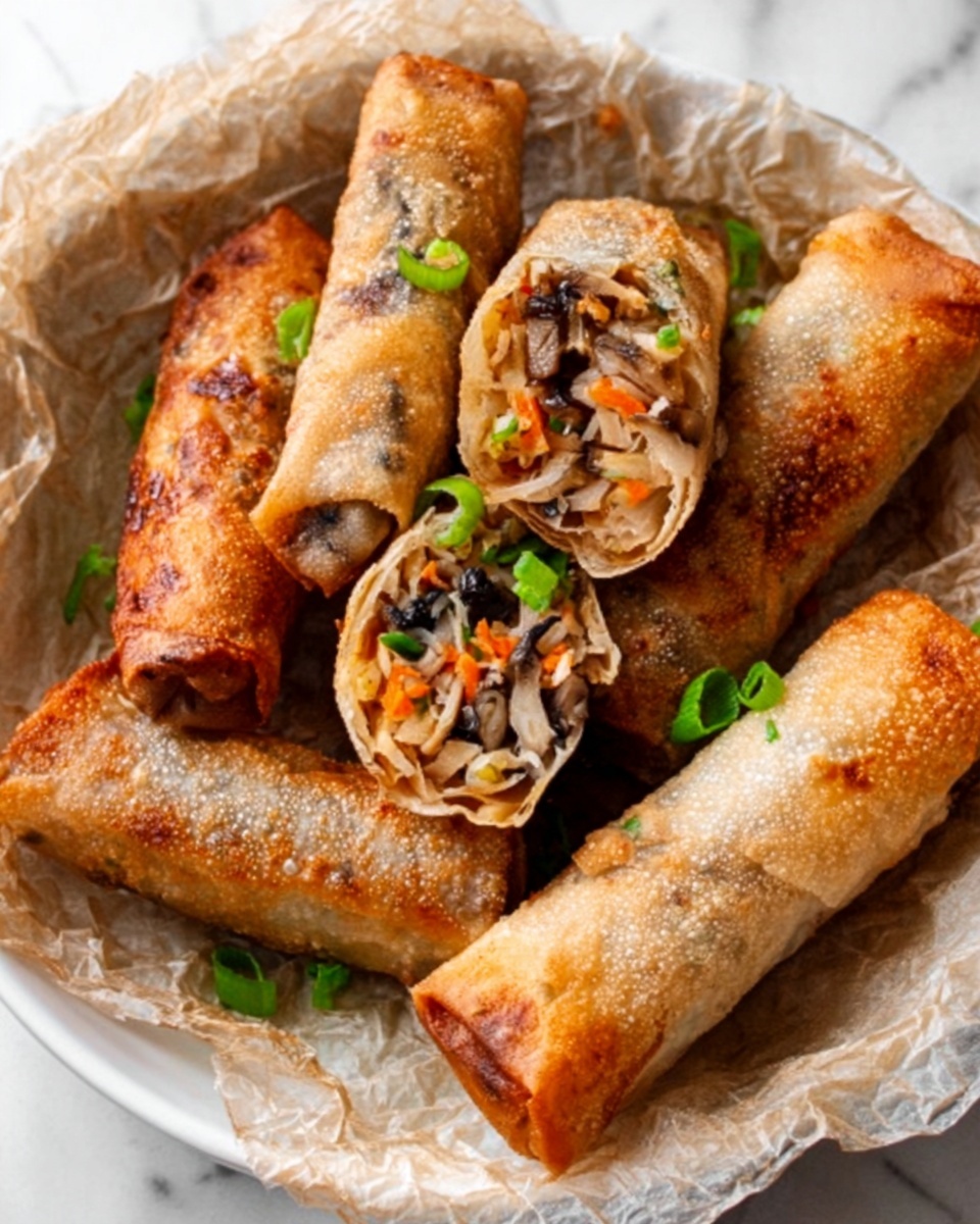 The image shows several golden-brown spring rolls with crispy, bubbly skins placed on crumpled parchment paper inside a white bowl. One spring roll is cut in half to reveal colorful layers inside, including orange shredded carrots, light beige noodles, dark mushrooms, and bits of green onions. Small pieces of chopped green onions are sprinkled on top of the rolls and around the bowl. The background is a white marbled surface. photo taken with an iphone --ar 4:5 --v 7
